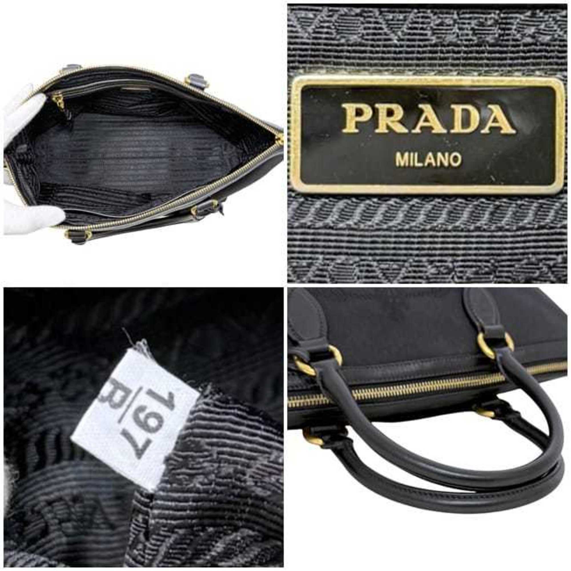 Prada Black Nero Canvas Jacquard Leather Shoulder Bag Tote Bag (Pre-Owned)