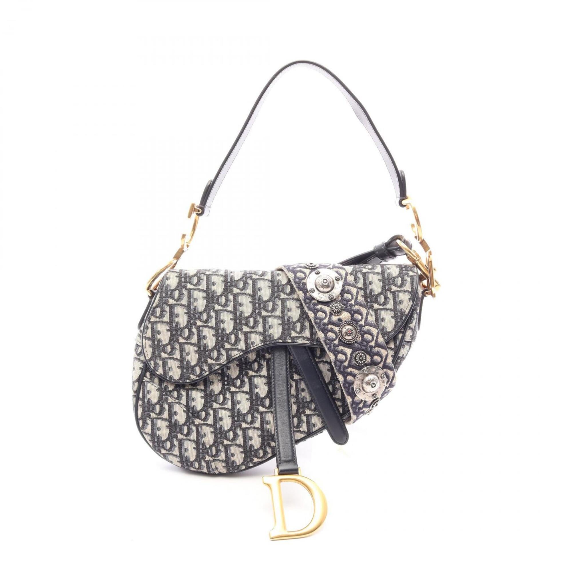 Christian Dior Beige Navy Canvas Leather Saddle Bag (Pre-Owned)