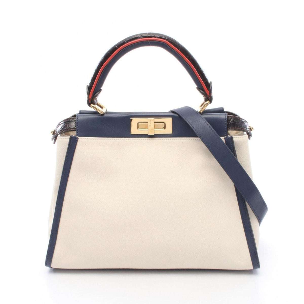 Fendi Ivory Navy Red Color Canvas Knit Handbag (Pre-Owned)