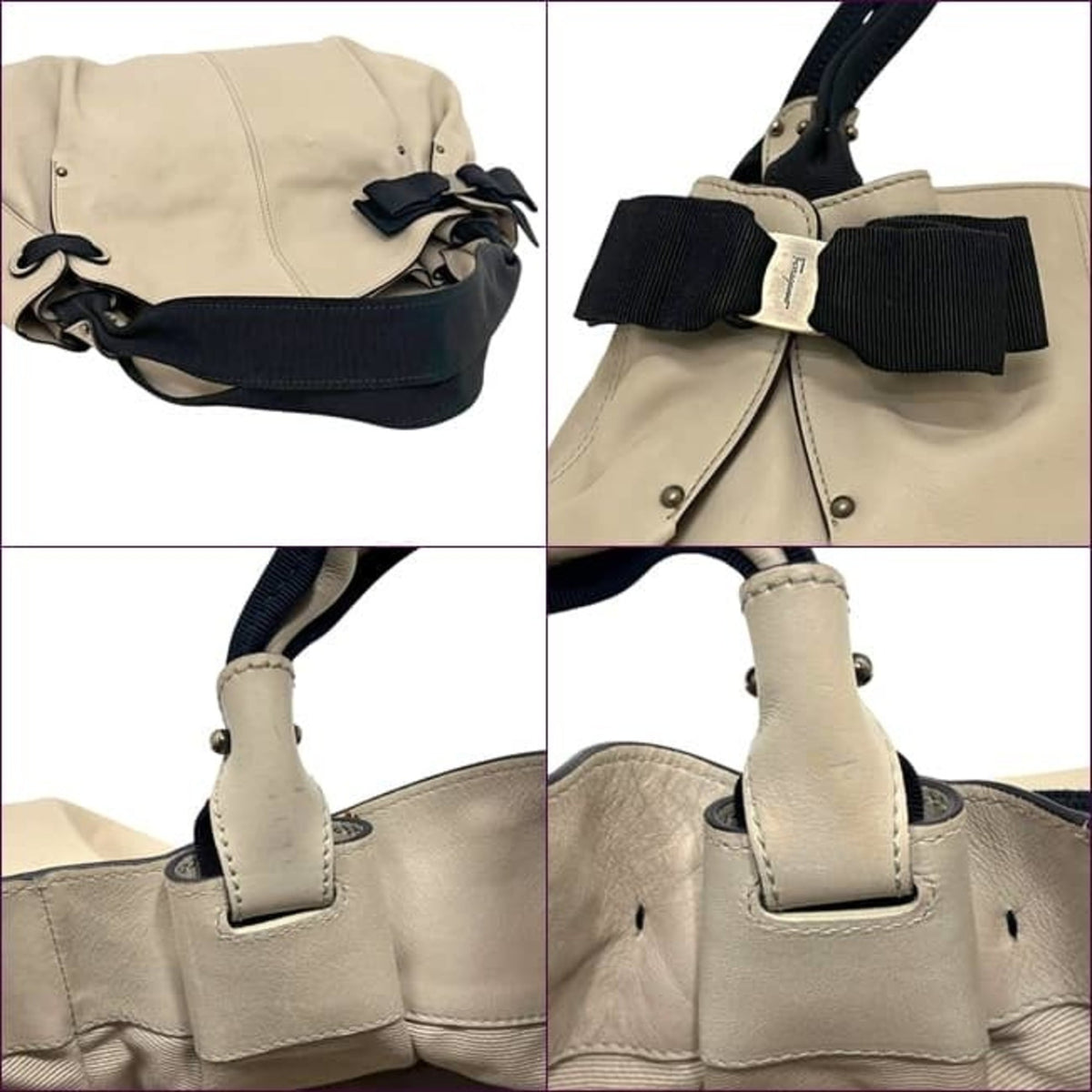 Salvatore Ferragamo Vara Beige Black Leather Handbag Tote Bag (Pre-Owned)