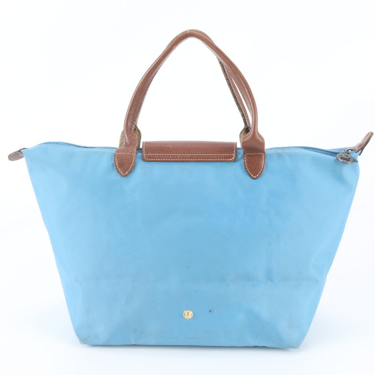 Longchamp Blue Brown Leather Nylon Handbag Shoulder Bag Tote Bag (Pre-Owned)