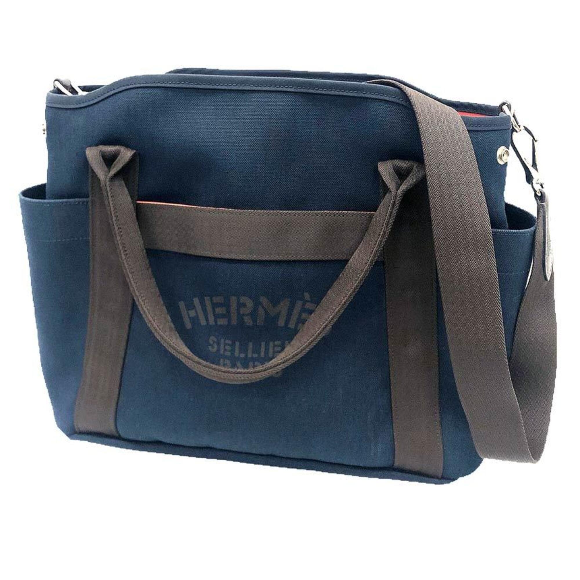 Hermes Brown Navy Canvas Shoulder Bag Tote Bag (Pre-Owned)