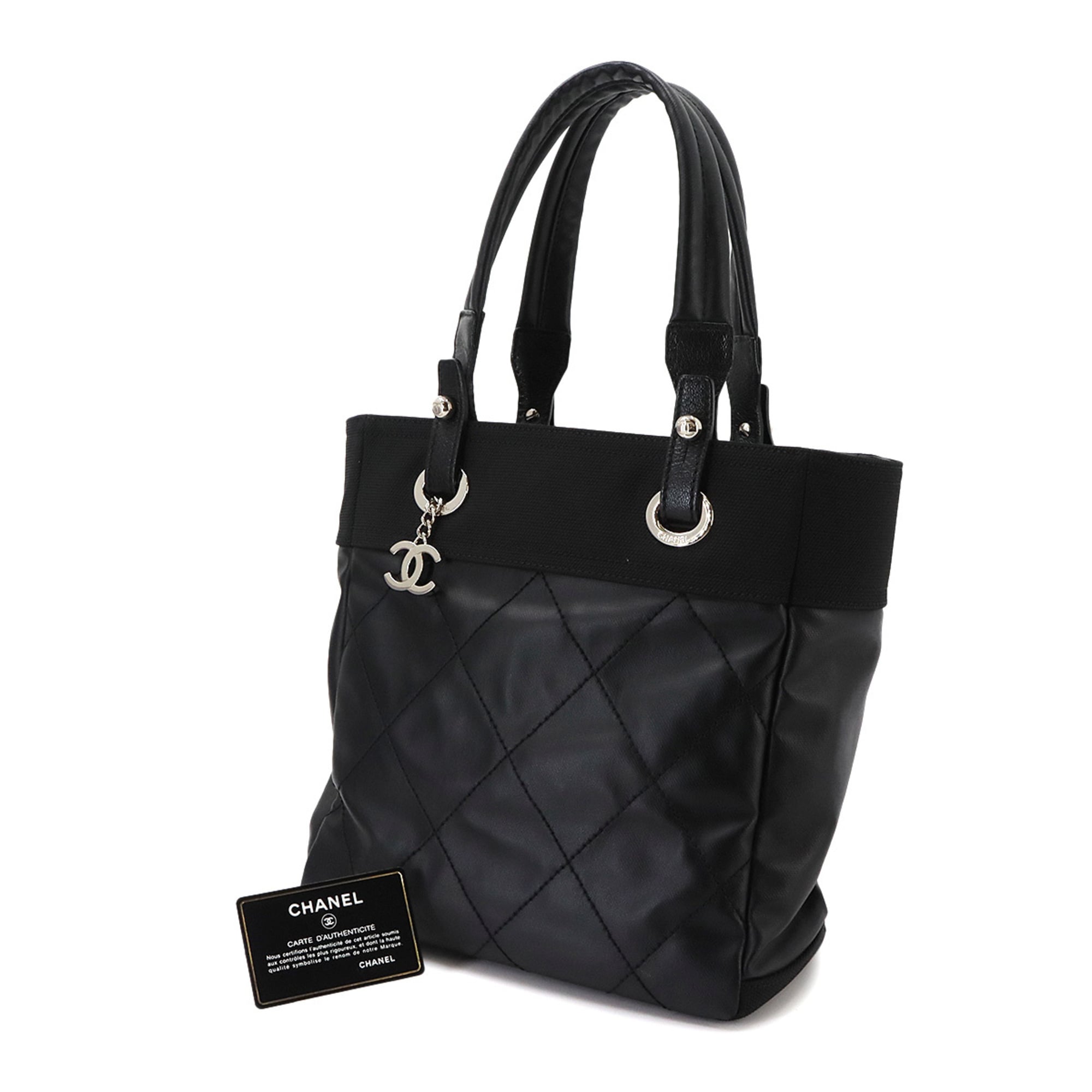 Chanel Paris Biarritz Black Nylon Pvc Leather Handbag Tote Bag (Pre-Owned)