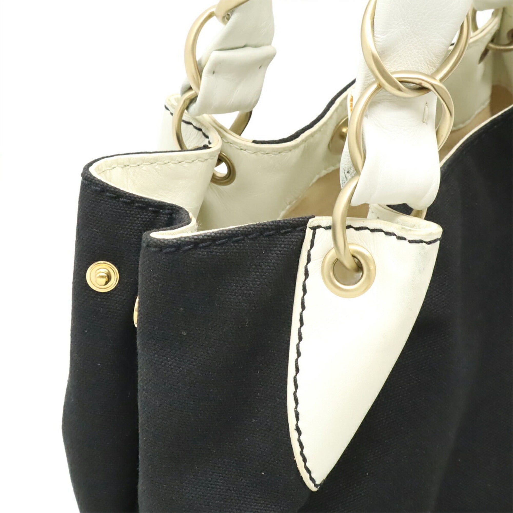 Chanel Black White Canvas Leather Handbag Shoulder Bag Tote Bag (Pre-Owned)