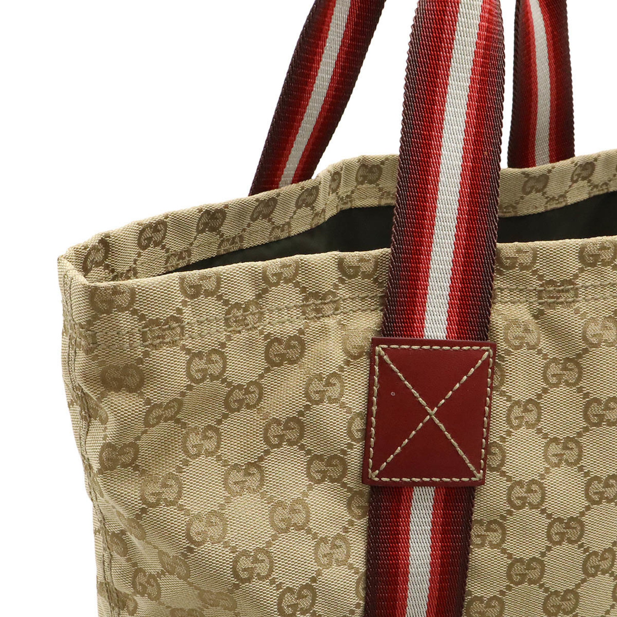 Gucci Beige Multi-Color Red Color Canvas Leather Shoulder Bag Tote Bag (Pre-Owned)
