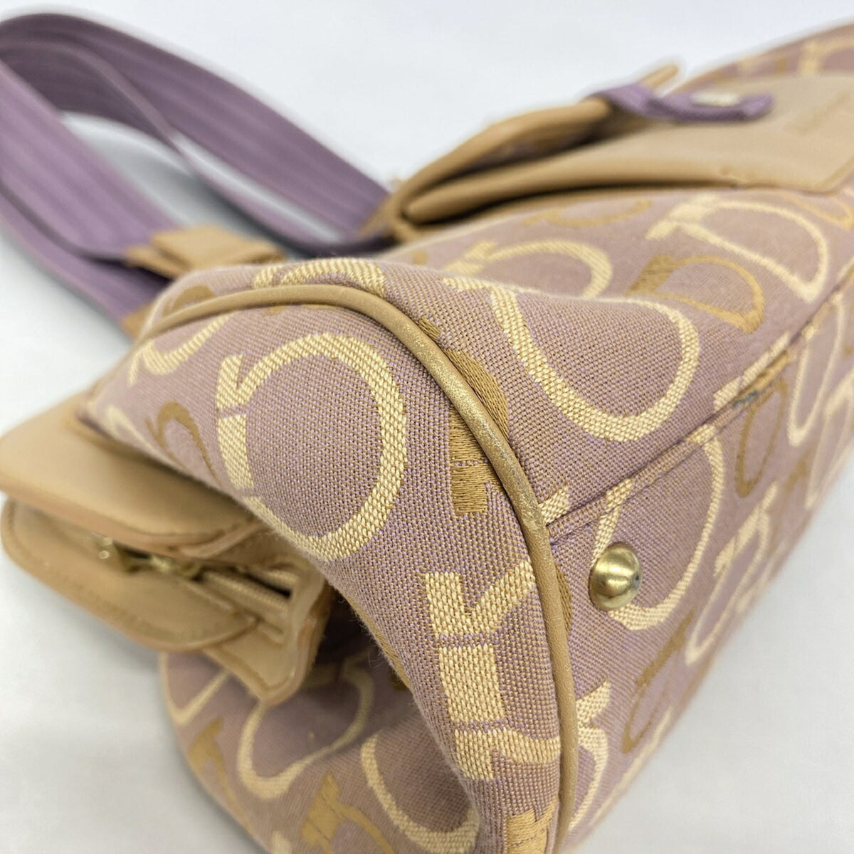 Salvatore Ferragamo Beige Purple Canvas Handbag (Pre-Owned)