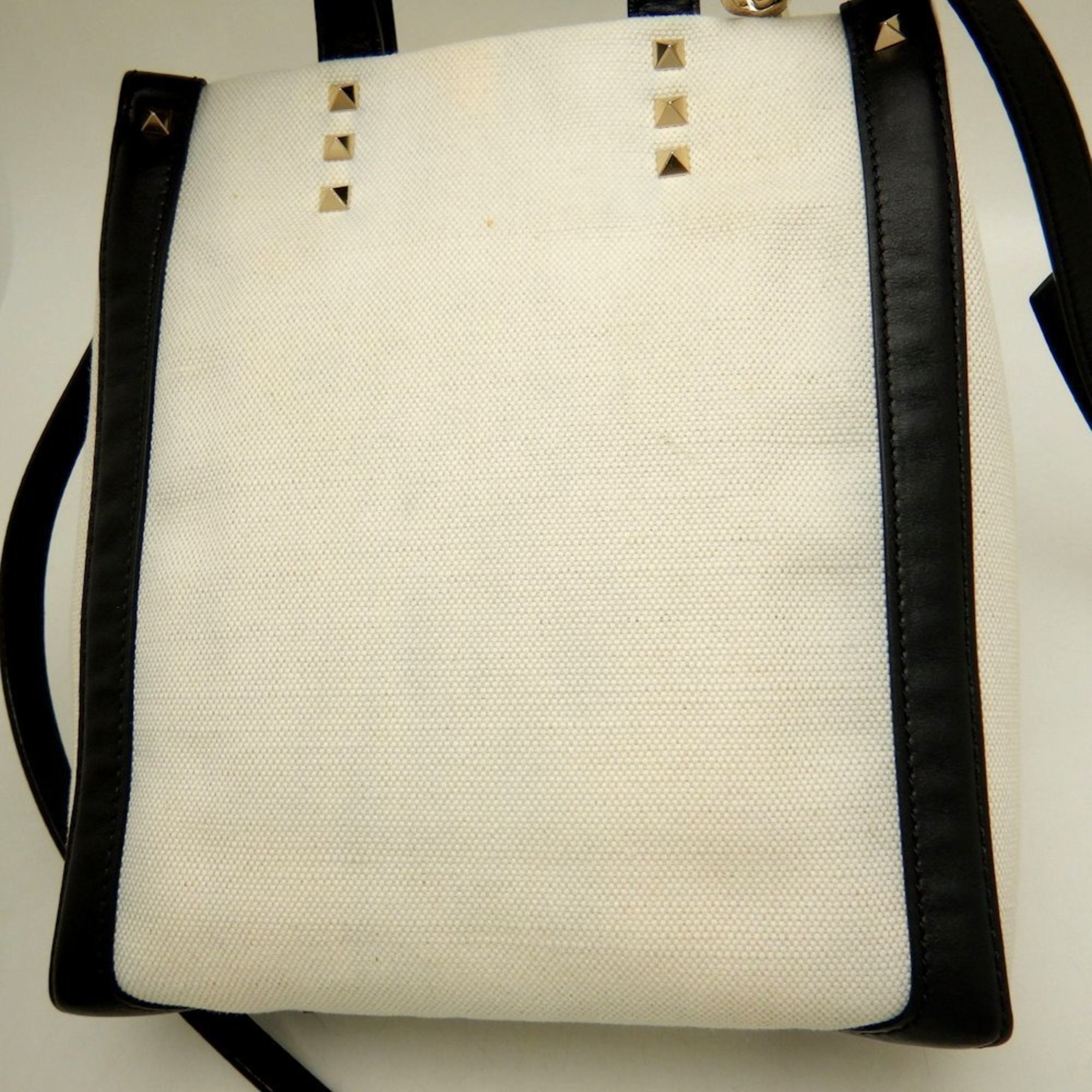 Valentino Garavani Black White Canvas Leather Tote Bag (Pre-Owned)