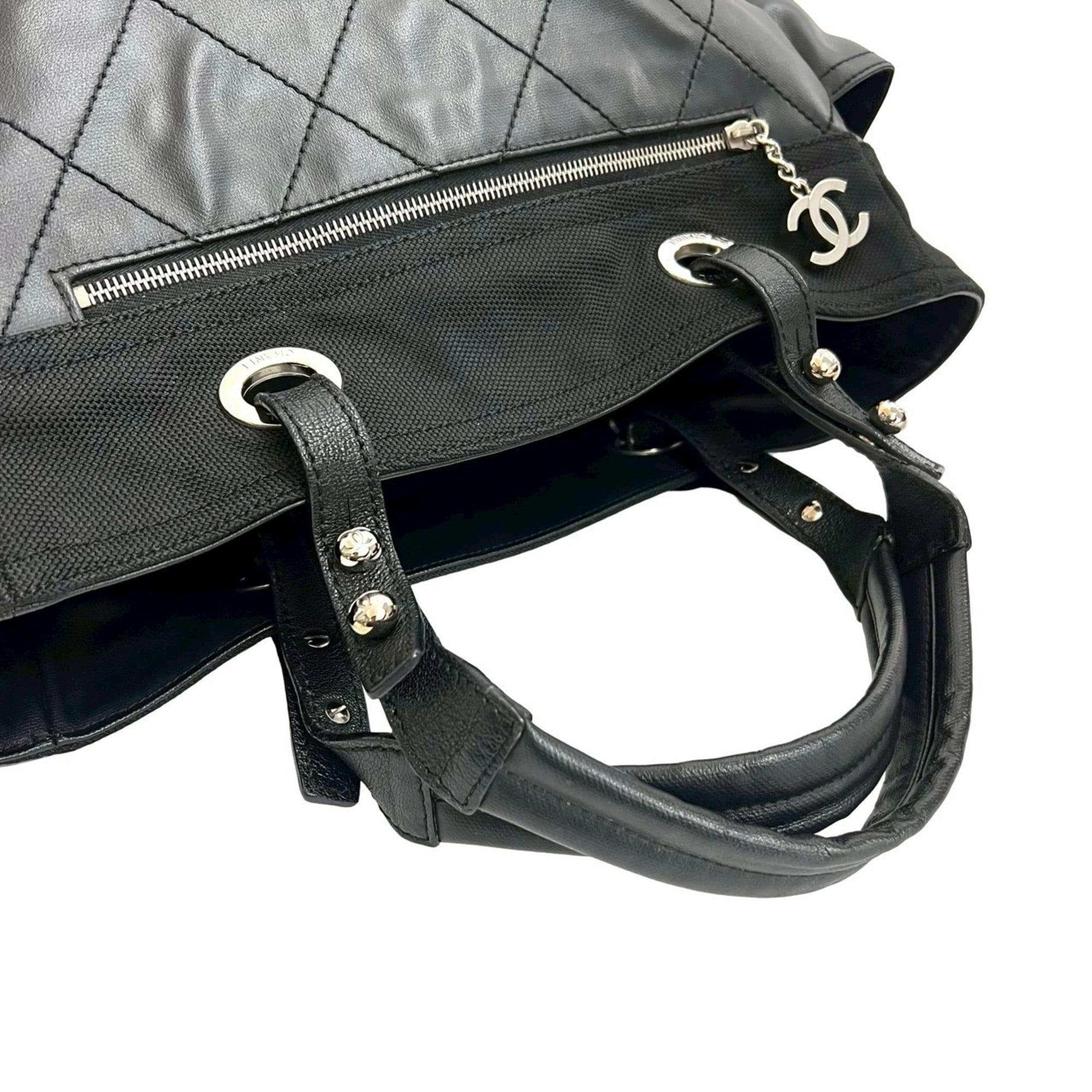 Chanel Black Leather Canvas Handbag Pouch Tote Bag (Pre-Owned)
