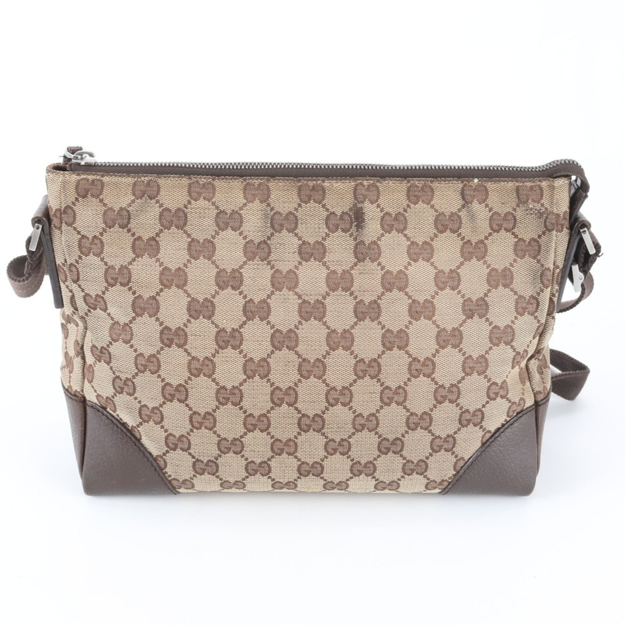 Gucci Beige Brown Leather Canvas Messenger Bag Shoulder Bag (Pre-Owned)