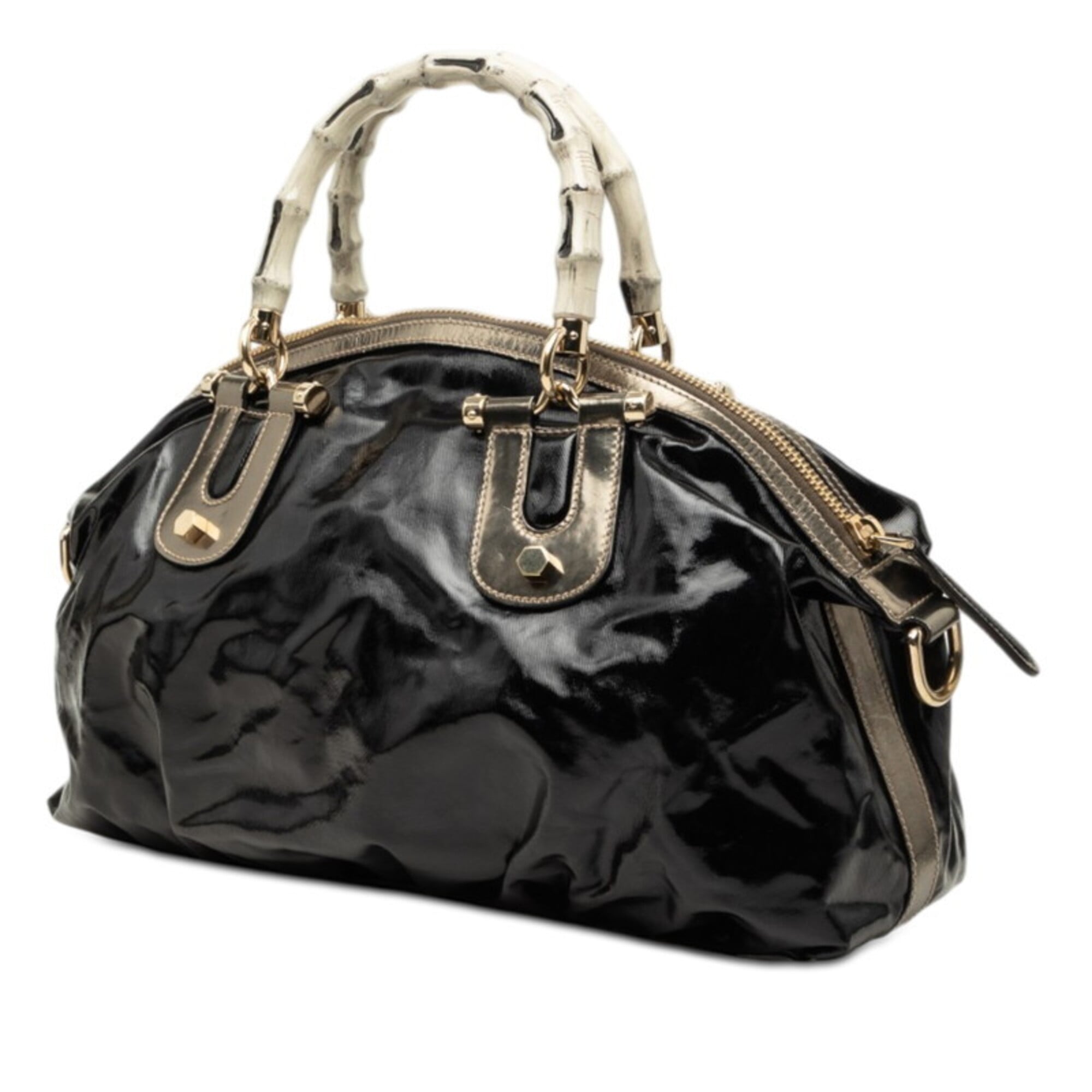 Gucci Bamboo Black Patent Leather Coated Canvas Handbag Shoulder Bag (Pre-Owned)