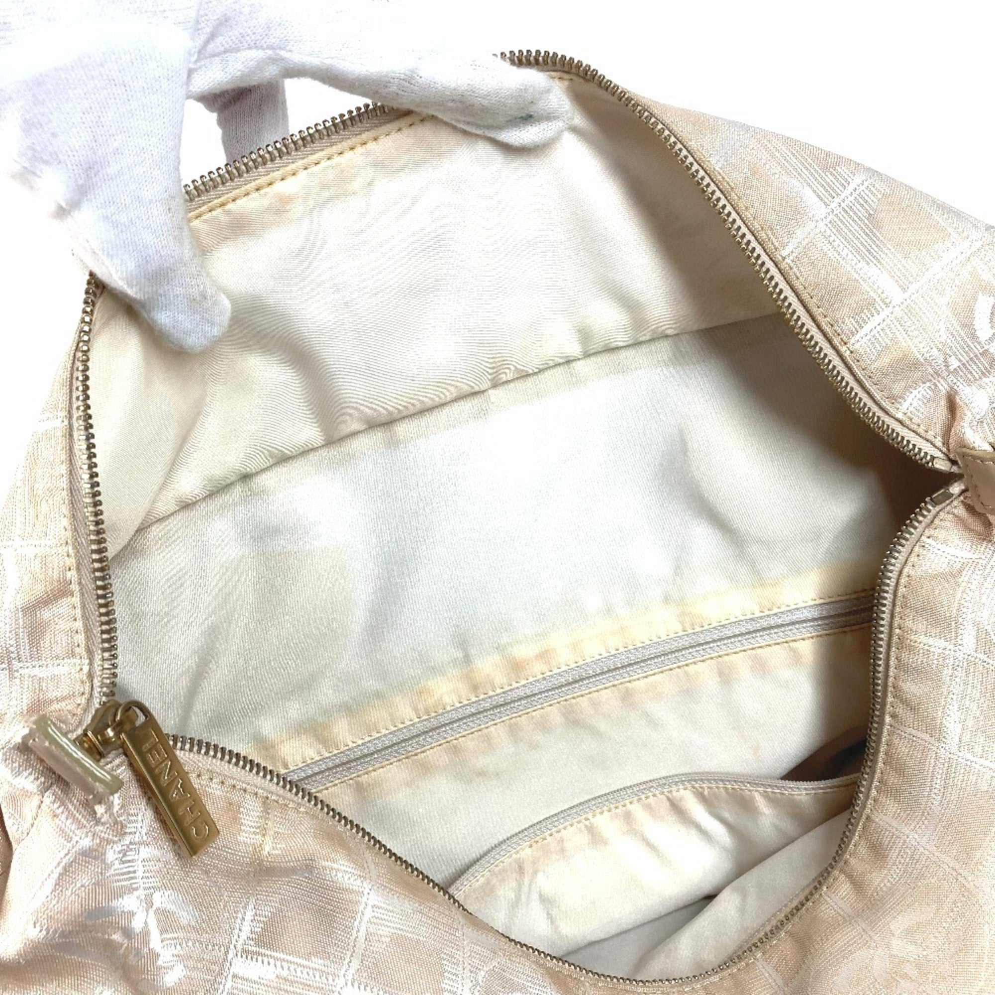 Chanel Beige Nylon Leather Shoulder Bag Tote Bag (Pre-Owned)