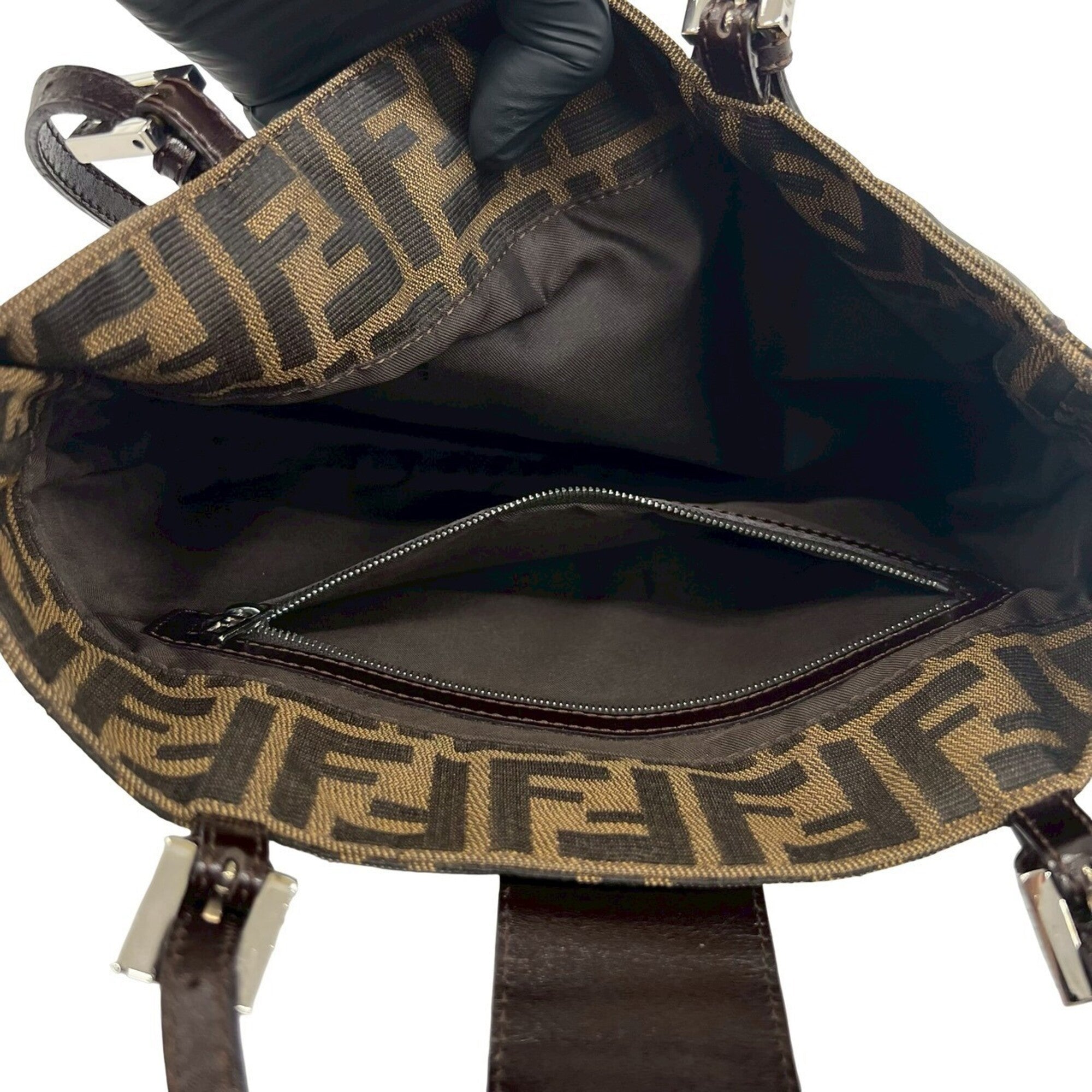 Fendi Black Brown Canvas Leather Shoulder Bag Tote Bag (Pre-Owned)