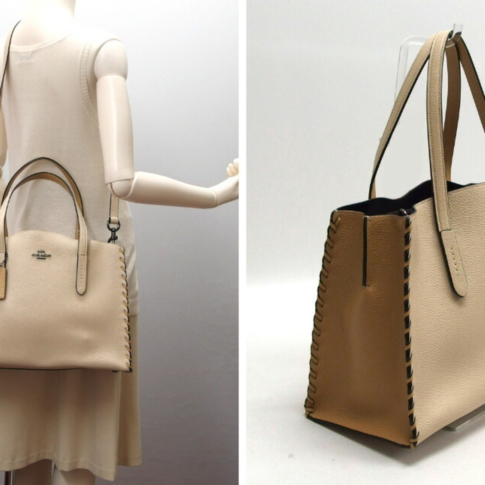 Coach Beige Leather Handbag Shoulder Bag Tote Bag (Pre-Owned)