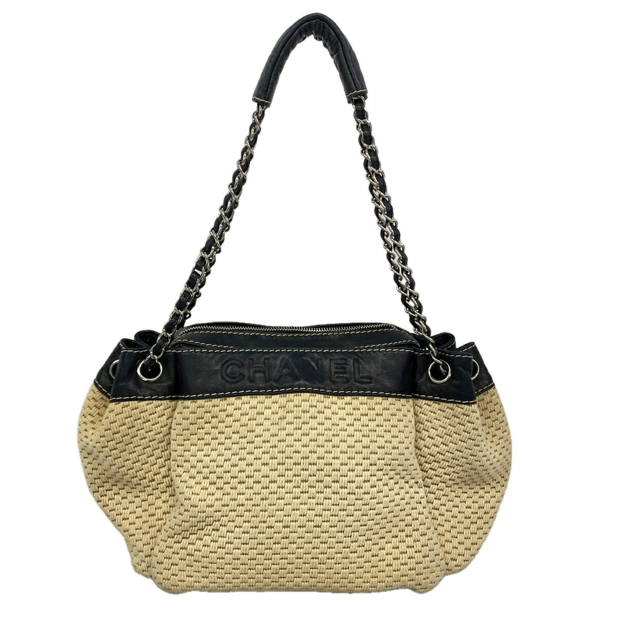 Chanel Beige Black Canvas Shoulder Bag (Pre-Owned)