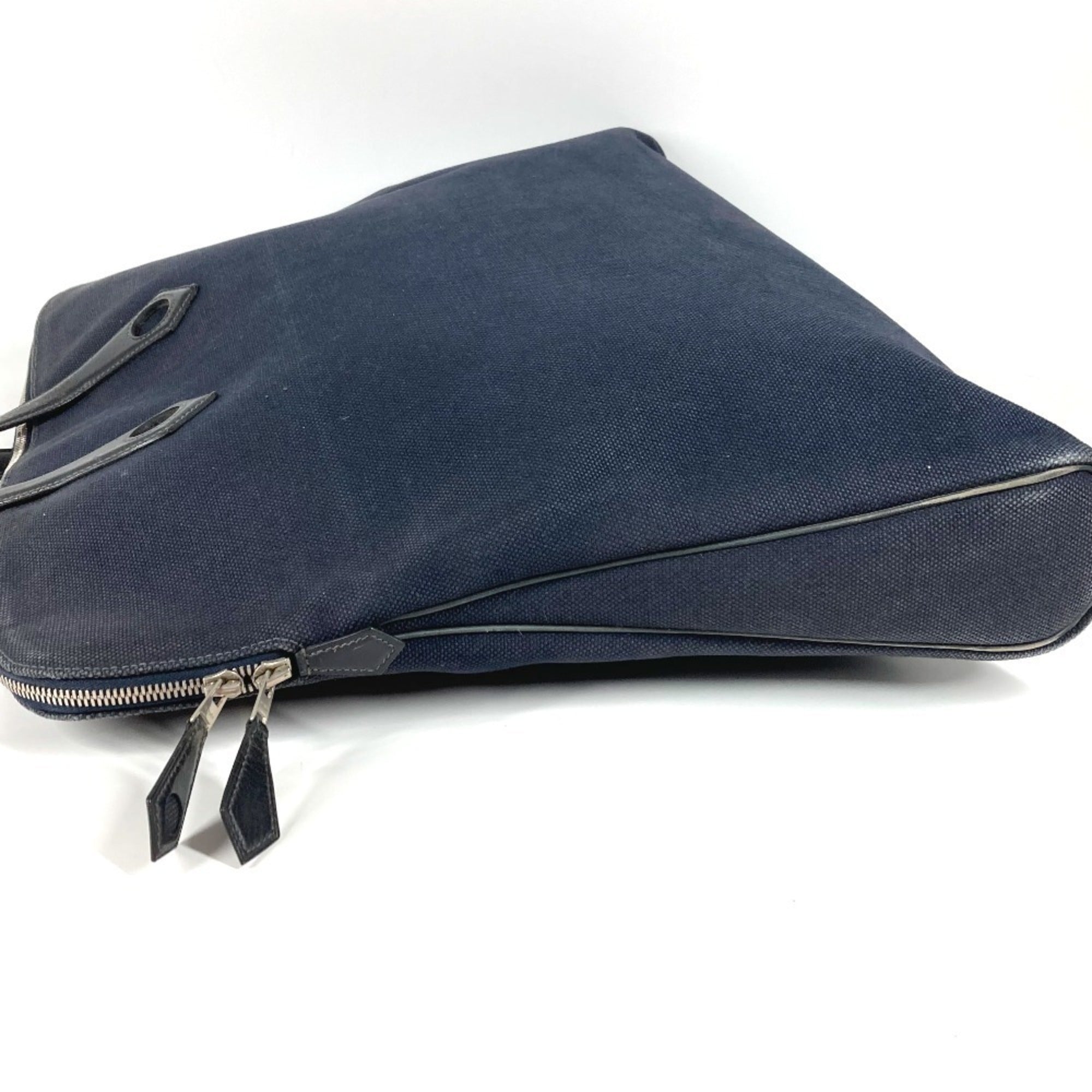 Hermes Black Navy Canvas Leather Boston Bag Handbag Tote Bag (Pre-Owned)