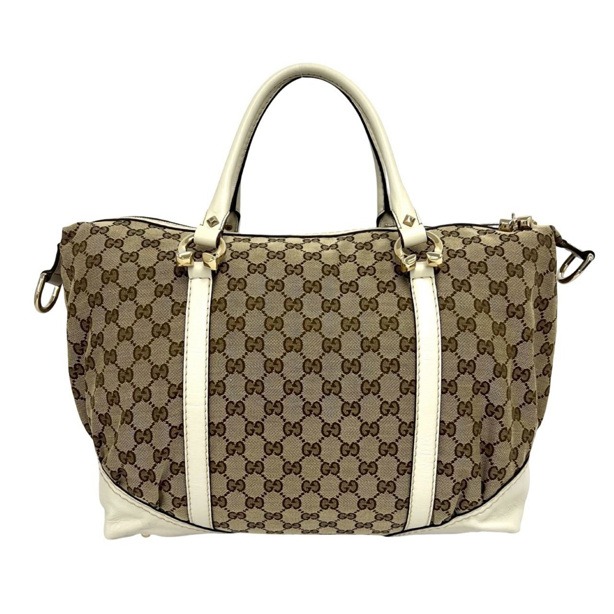 Gucci Brown White Canvas Leather Boston Bag Handbag (Pre-Owned)
