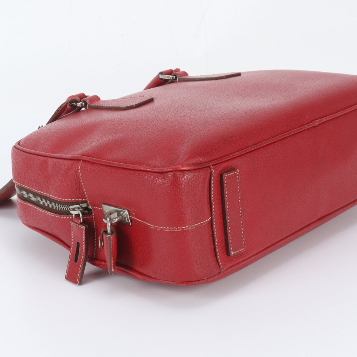 Prada Red Color Leather Boston Bag Tote Bag (Pre-Owned)