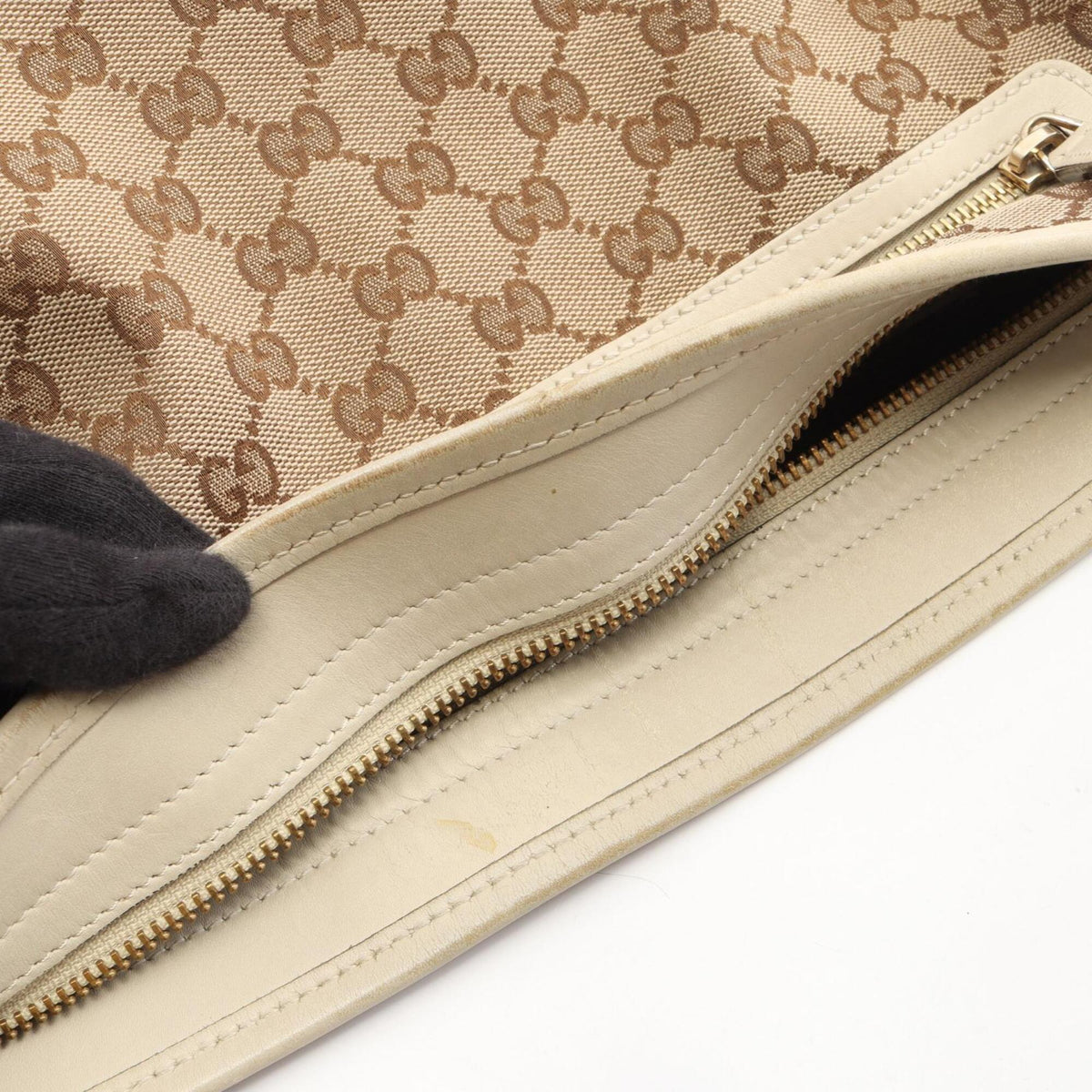 Gucci Beige White Canvas Leather Handbag Shoulder Bag (Pre-Owned)