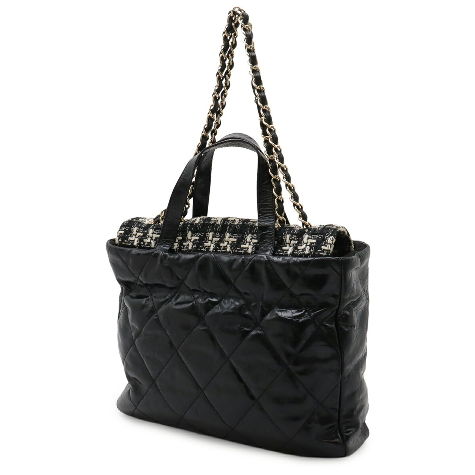 Chanel Black Ivory Leather Tweed Shoulder Bag Tote Bag (Pre-Owned)