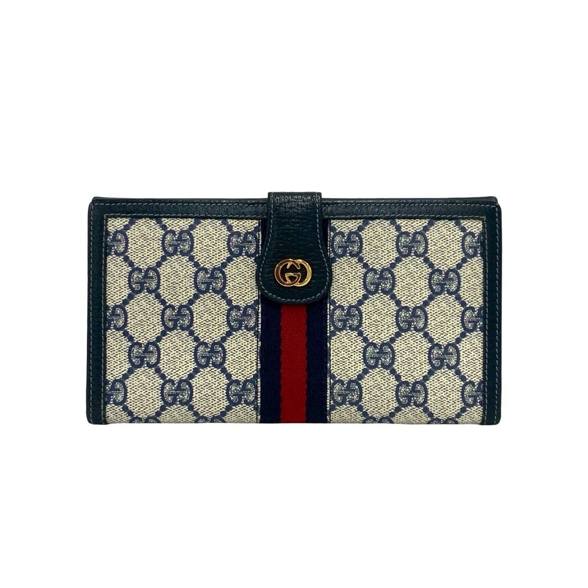 Gucci Navy Red Color Leather Pvc Long Wallet (Bi-Fold) (Pre-Owned)