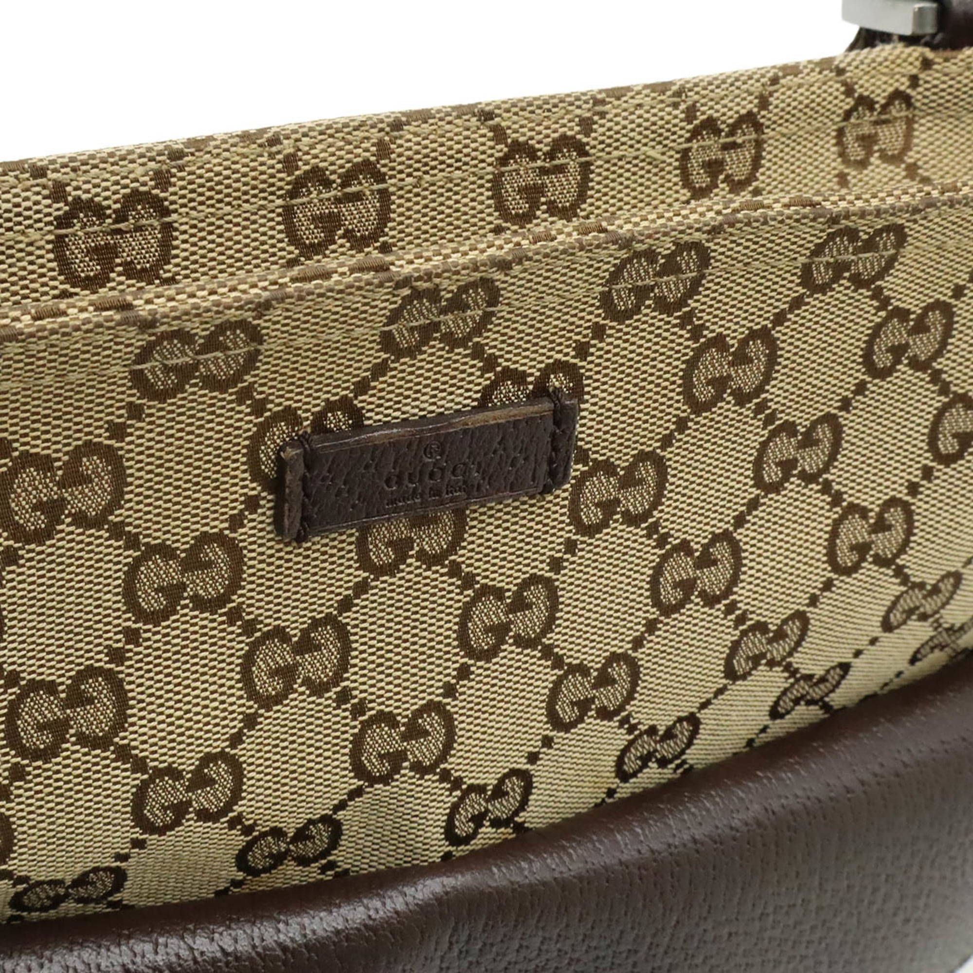 Gucci Beige Dark Brown Khaki Canvas Leather Shoulder Bag (Pre-Owned)