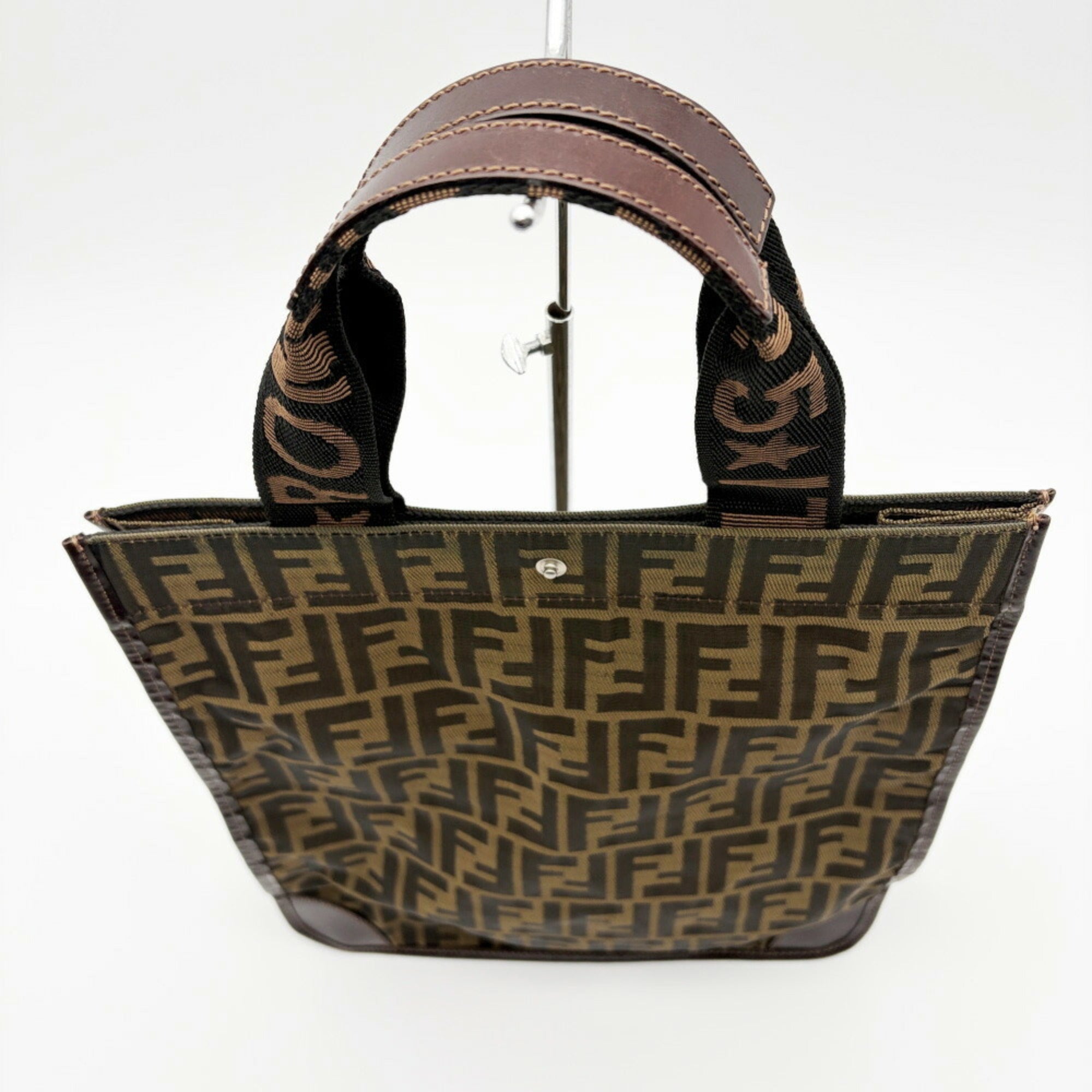 Fendi Zucchino Black Brown Dark Brown Zucchino Canvas Leather Tote Bag (Pre-Owned)