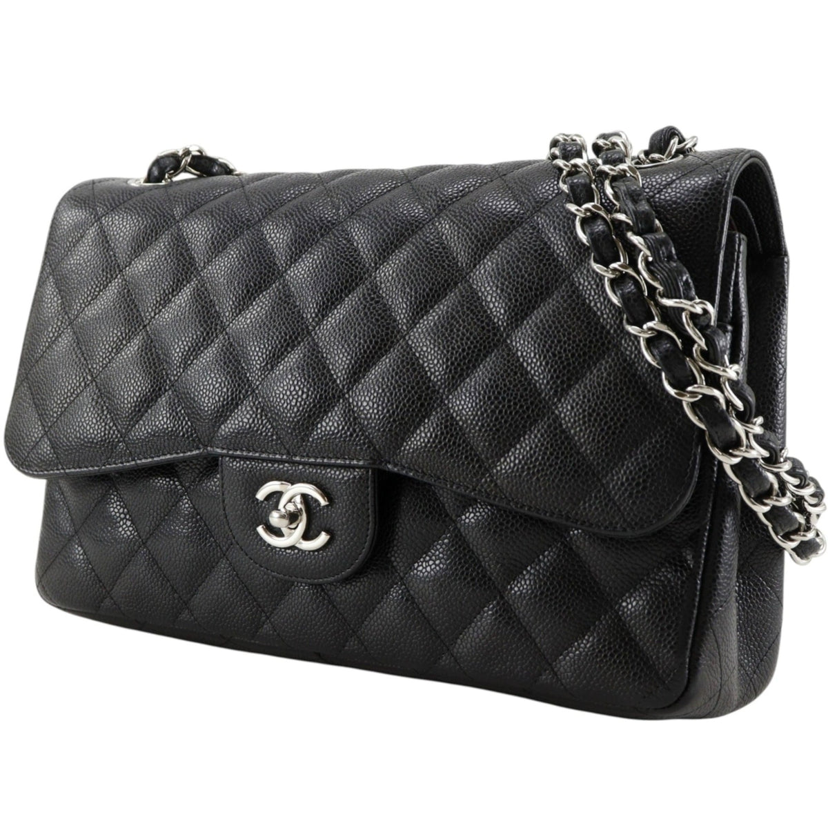 Chanel Black Silver Grained Calfskin Leather Shoulder Bag (Pre-Owned)