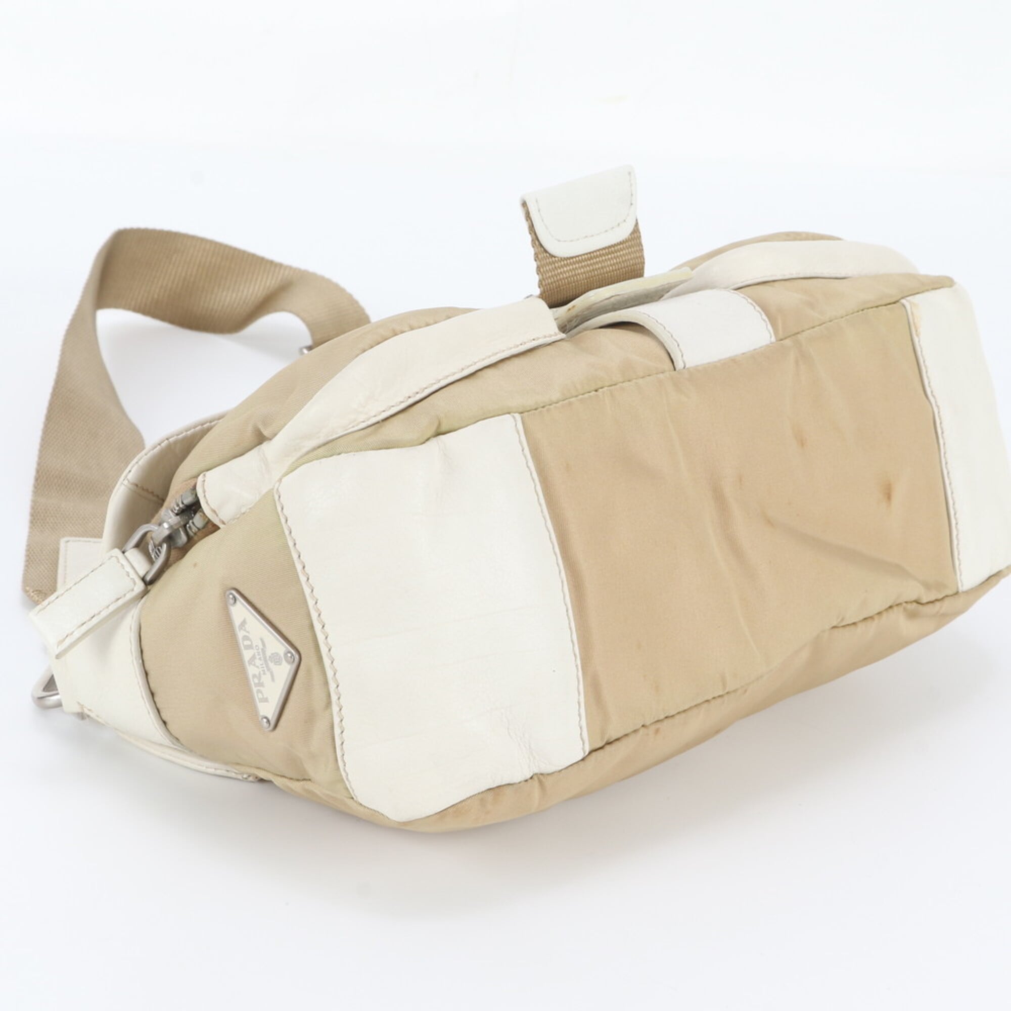 Prada Beige White Leather Nylon Messenger Bag Shoulder Bag (Pre-Owned)