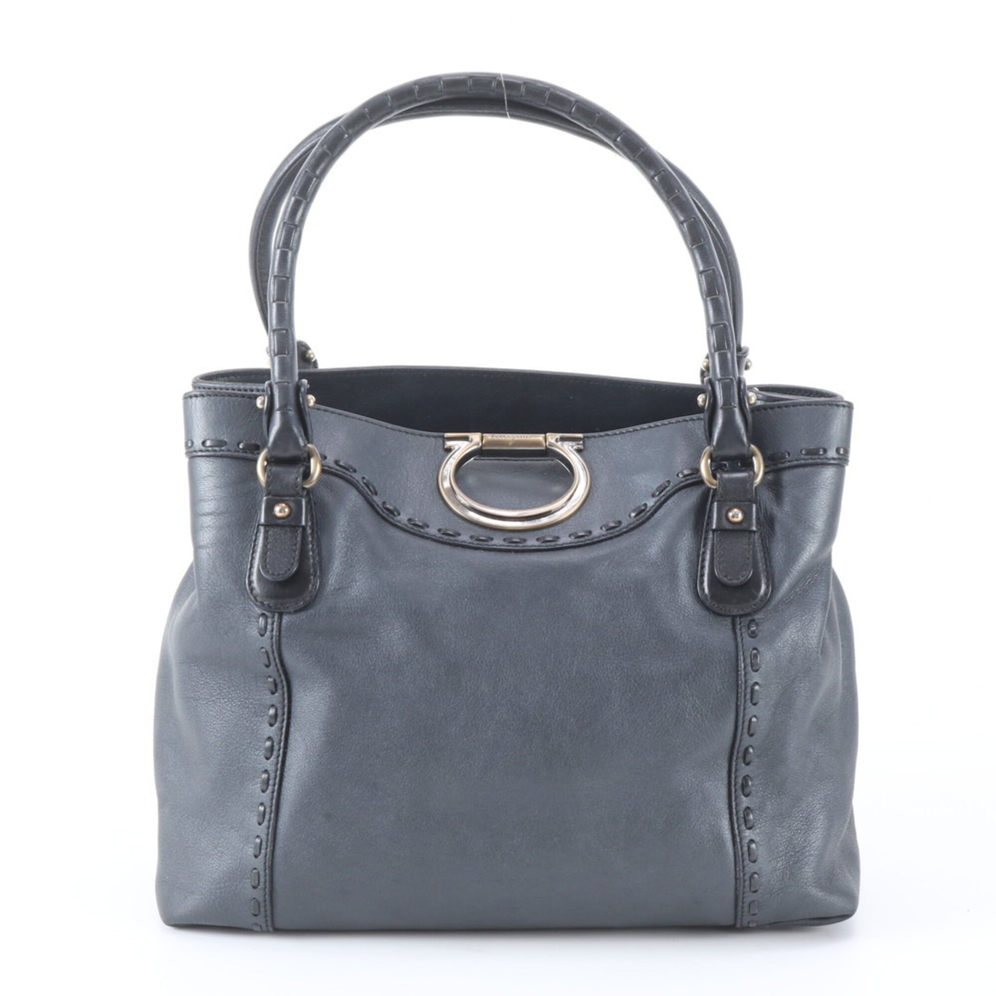 Salvatore Ferragamo Gancini Black Leather Handbag Tote Bag (Pre-Owned)