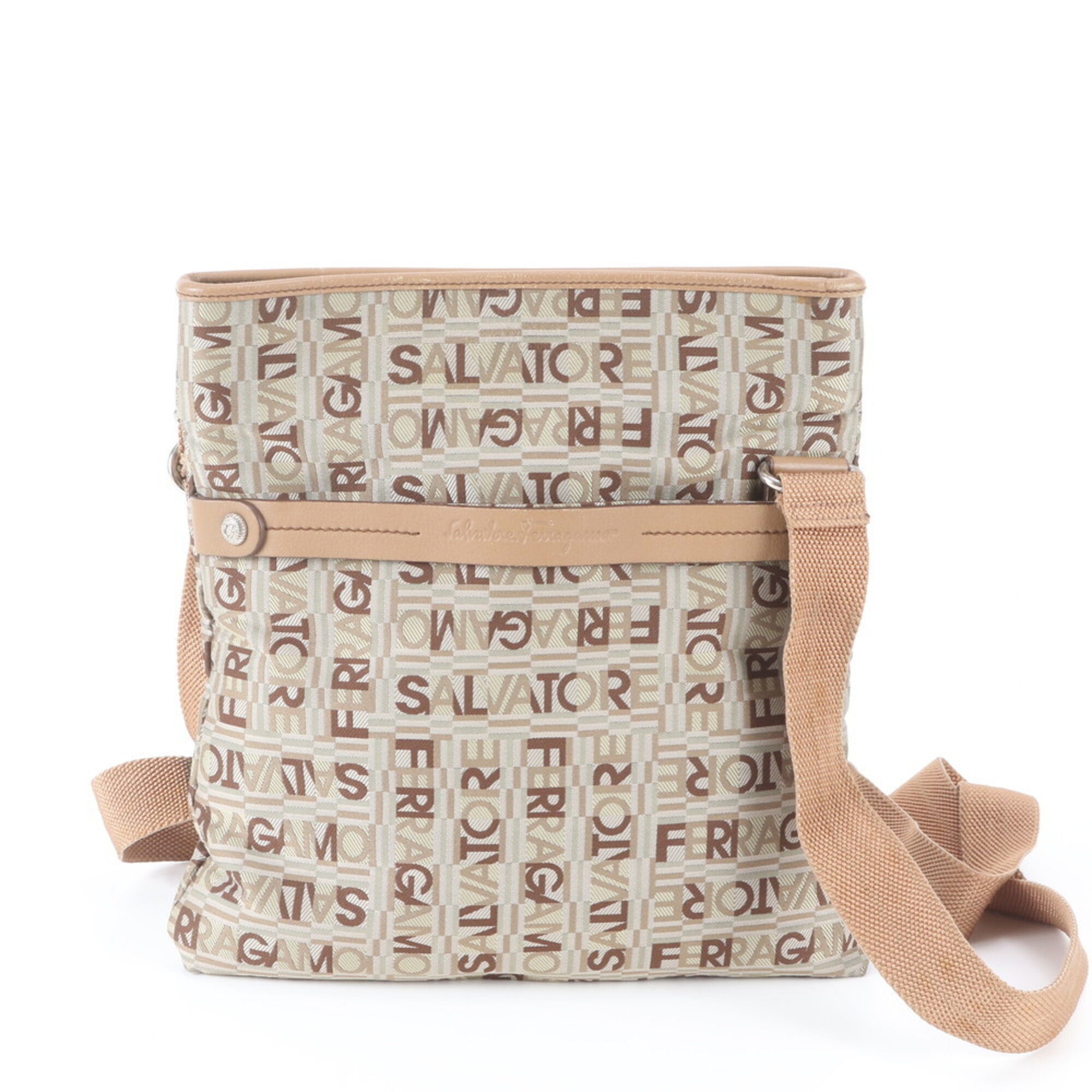 Salvatore Ferragamo Brown Leather Canvas Handbag Shoulder Bag Tote Bag (Pre-Owned)