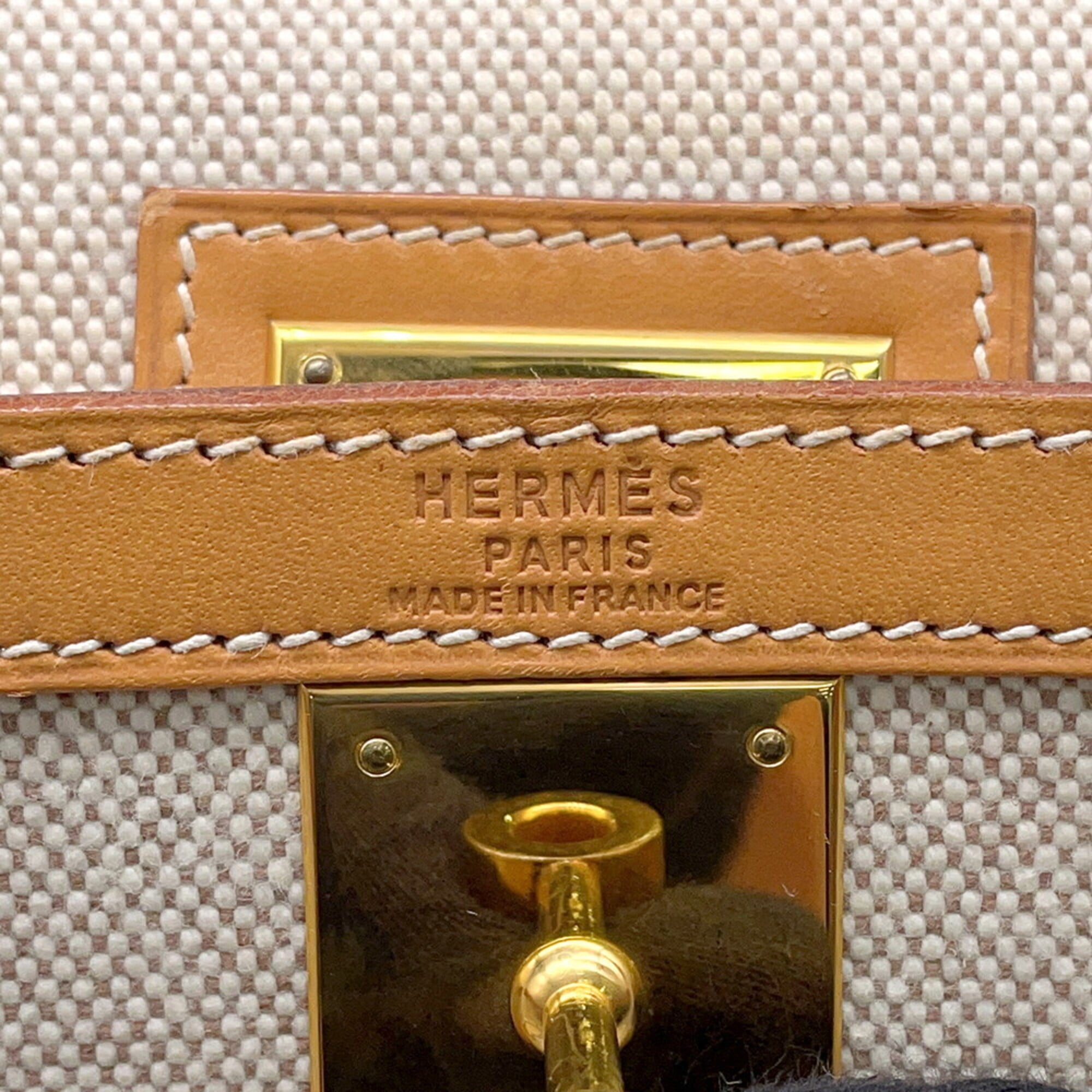 Hermes Kelly Natural Toile H Box Calf Leather Handbag (Pre-Owned)