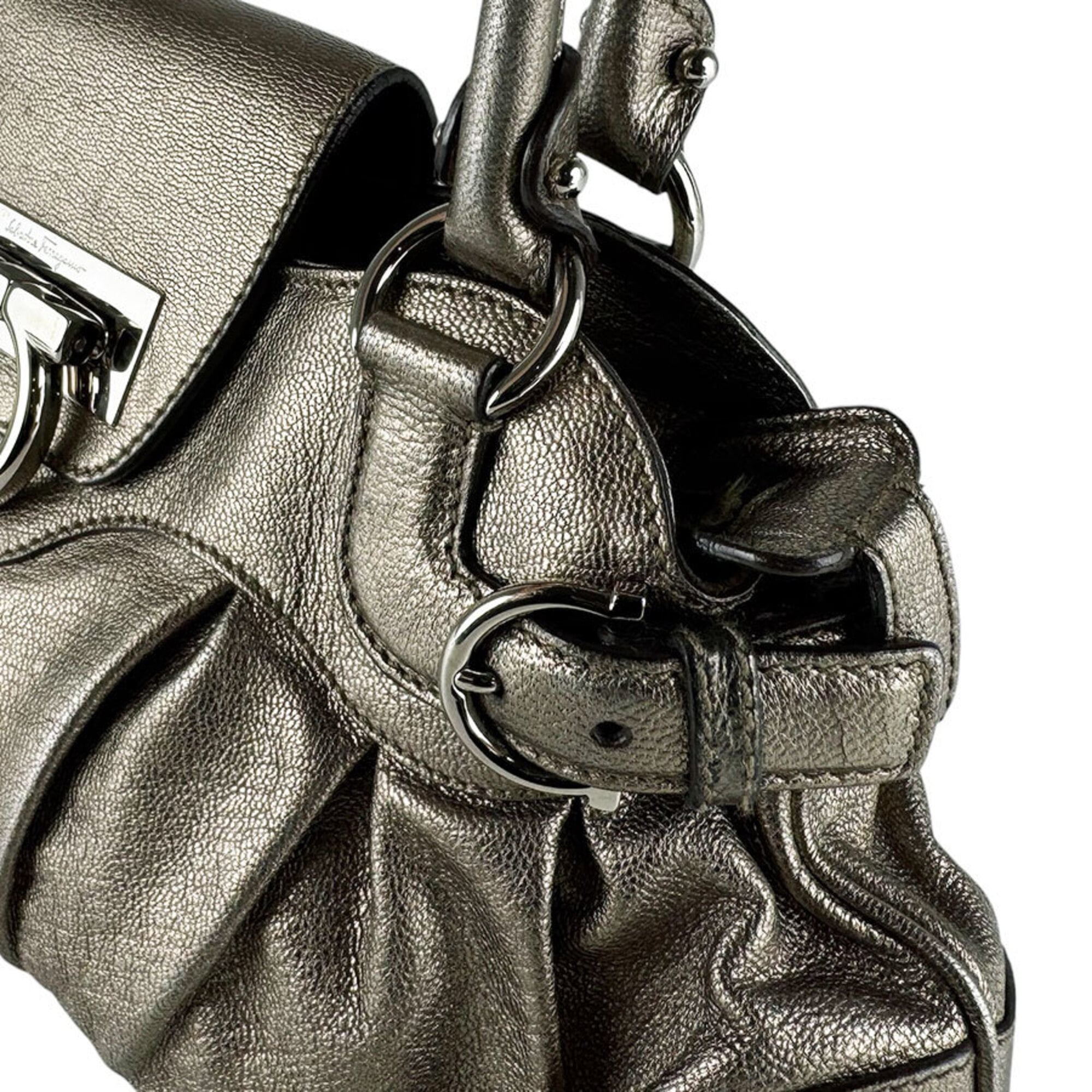 Salvatore Ferragamo Khaki Metallic Leather Handbag (Pre-Owned)