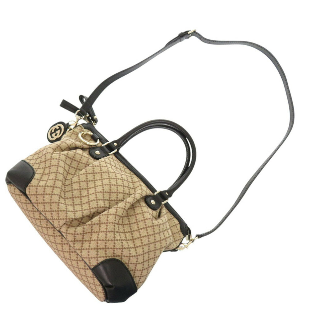 Gucci Beige Black Gg Canvas Leather Handbag (Pre-Owned)