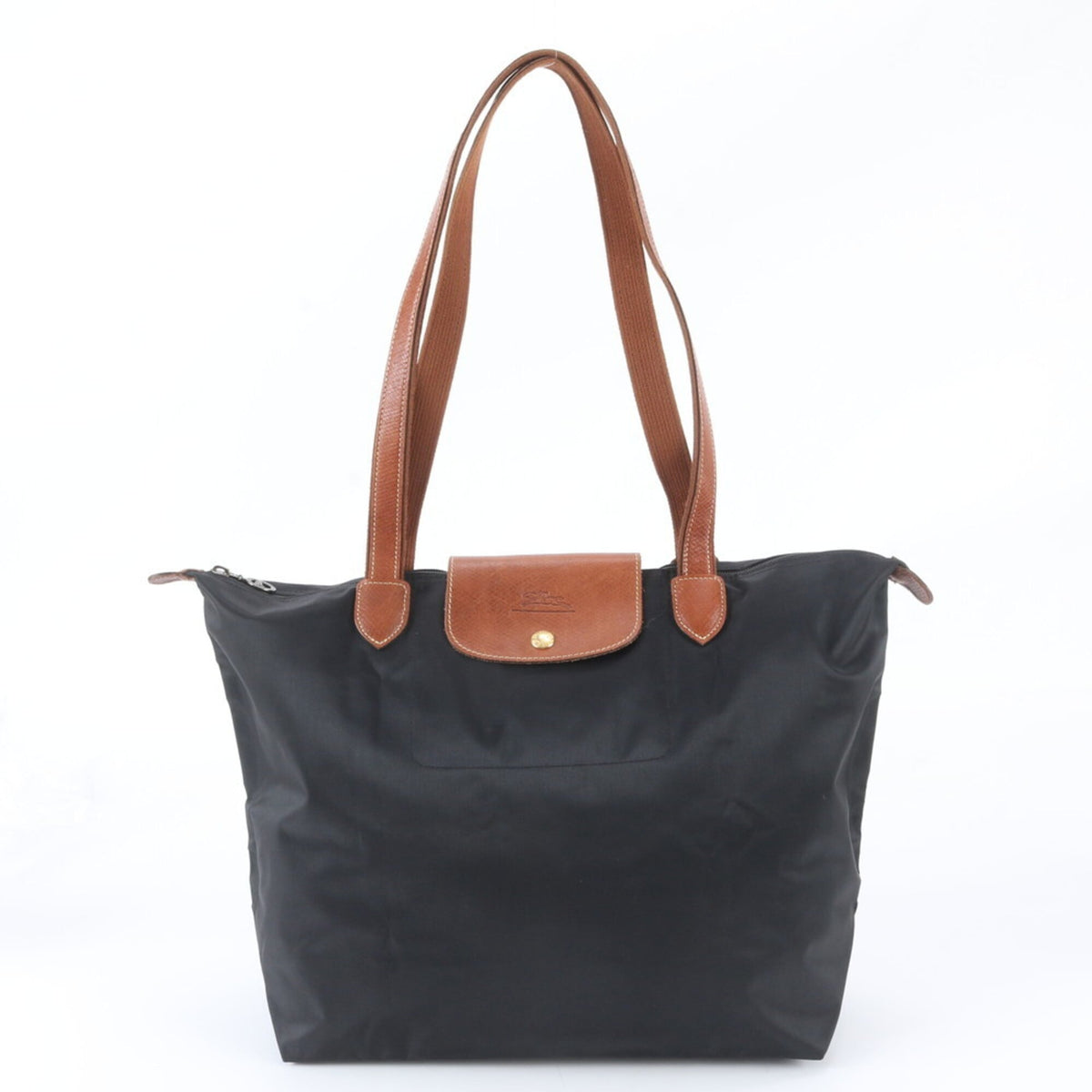 Longchamp Black Leather Nylon Shoulder Bag Tote Bag (Pre-Owned)