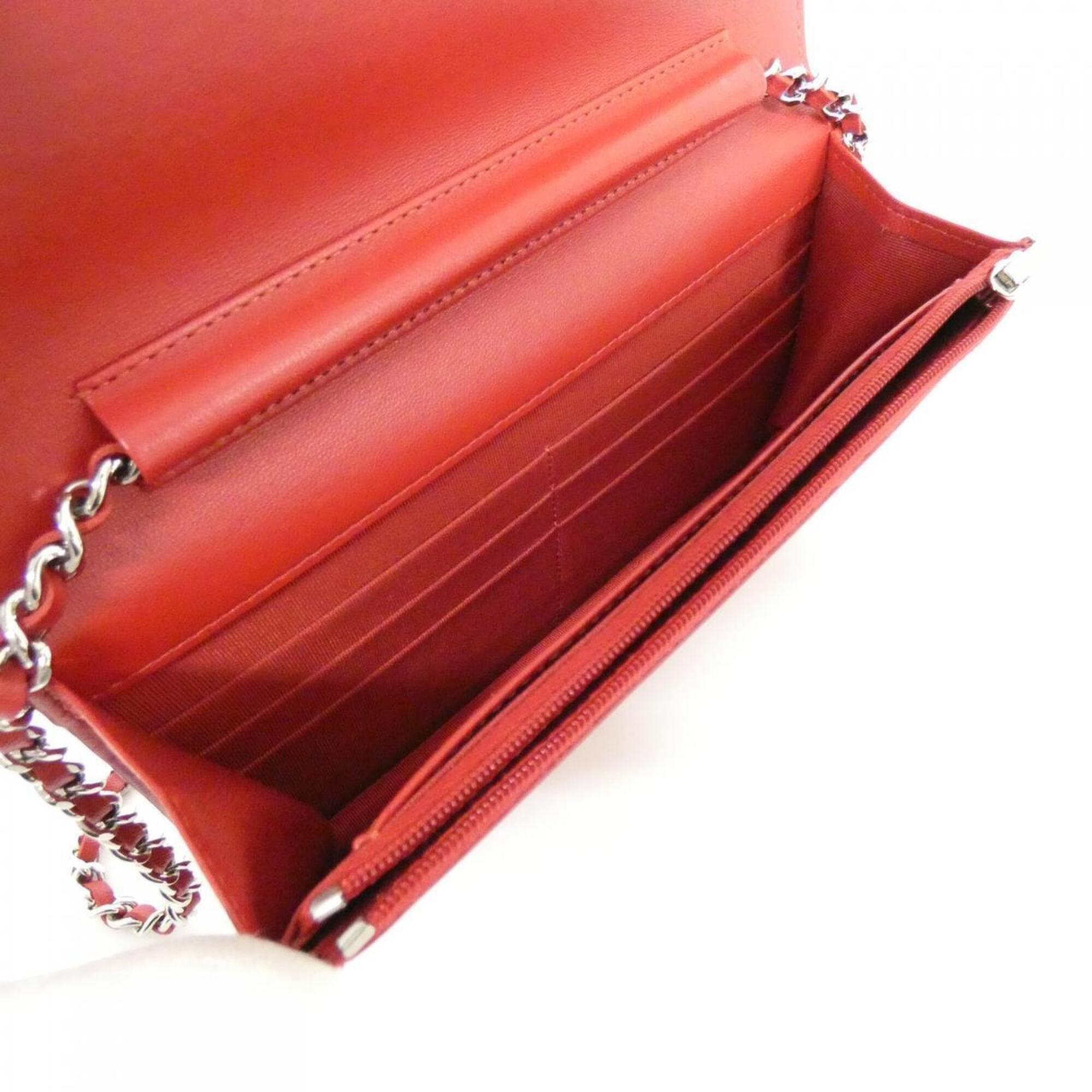 Chanel Red Color Leather Chain/Shoulder Wallet (Pre-Owned)