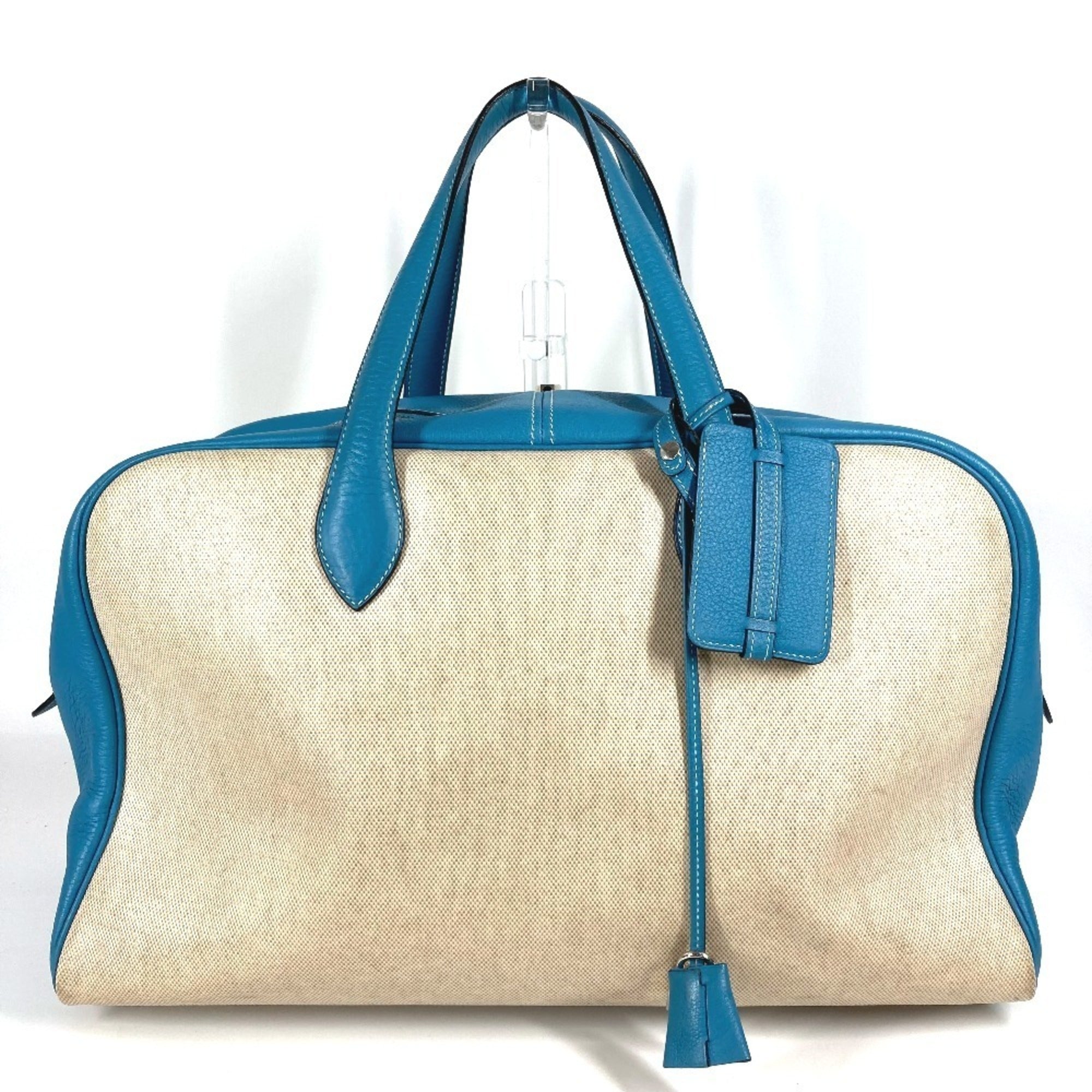 Hermes Beige Blue Toile H Leather Boston Bag Shoulder Bag (Pre-Owned)