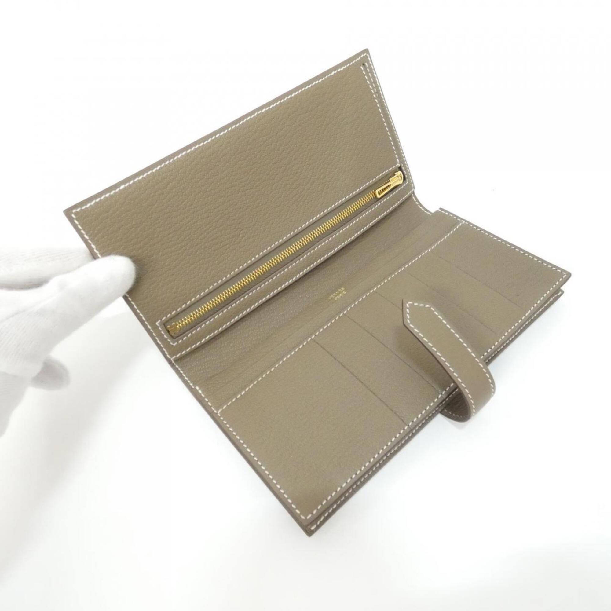 Hermes Beige Etoupe Gray Chevre Leather Long Wallet (Bi-Fold) (Pre-Owned)