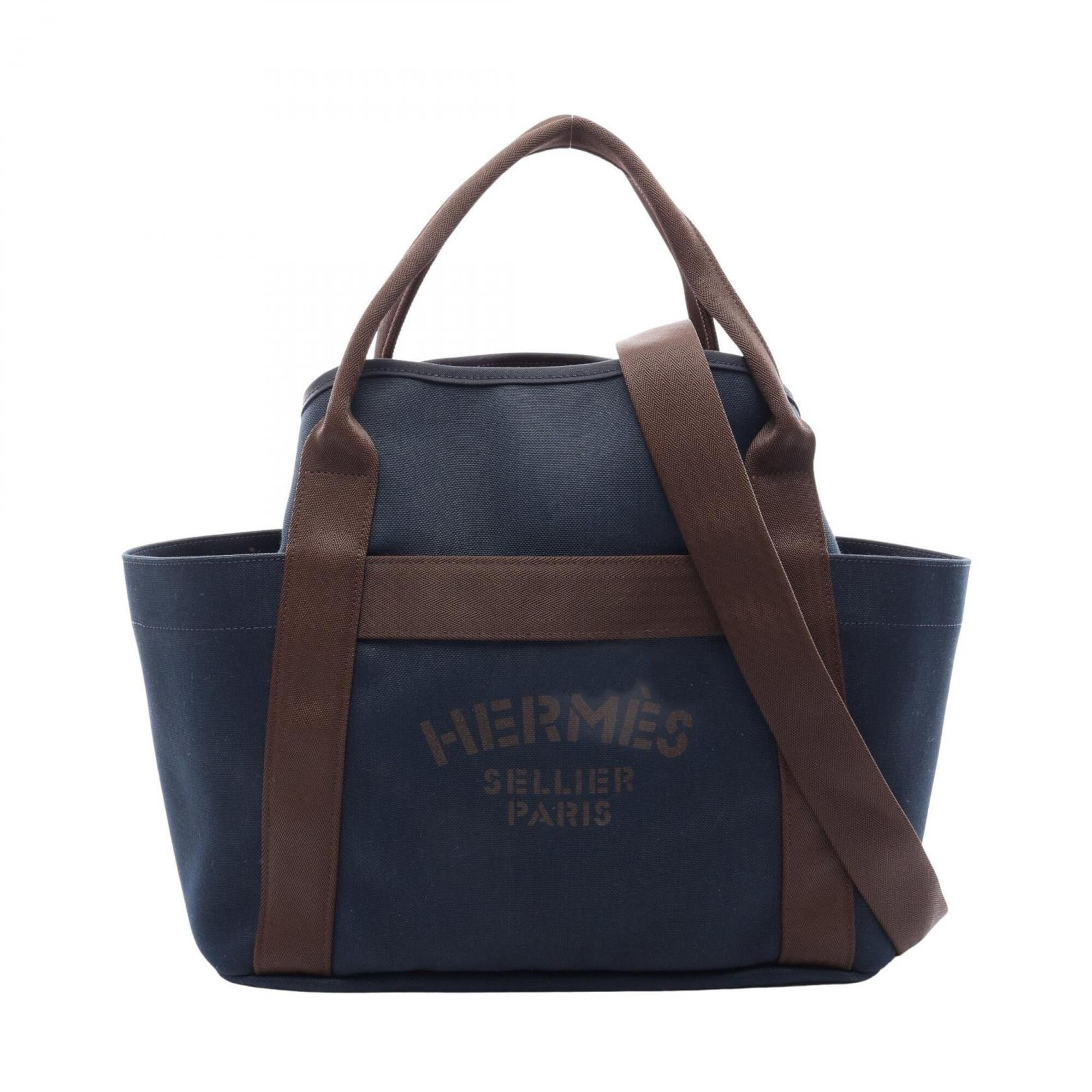 Hermes Brown Navy Toile Chevron Handbag Tote Bag (Pre-Owned)