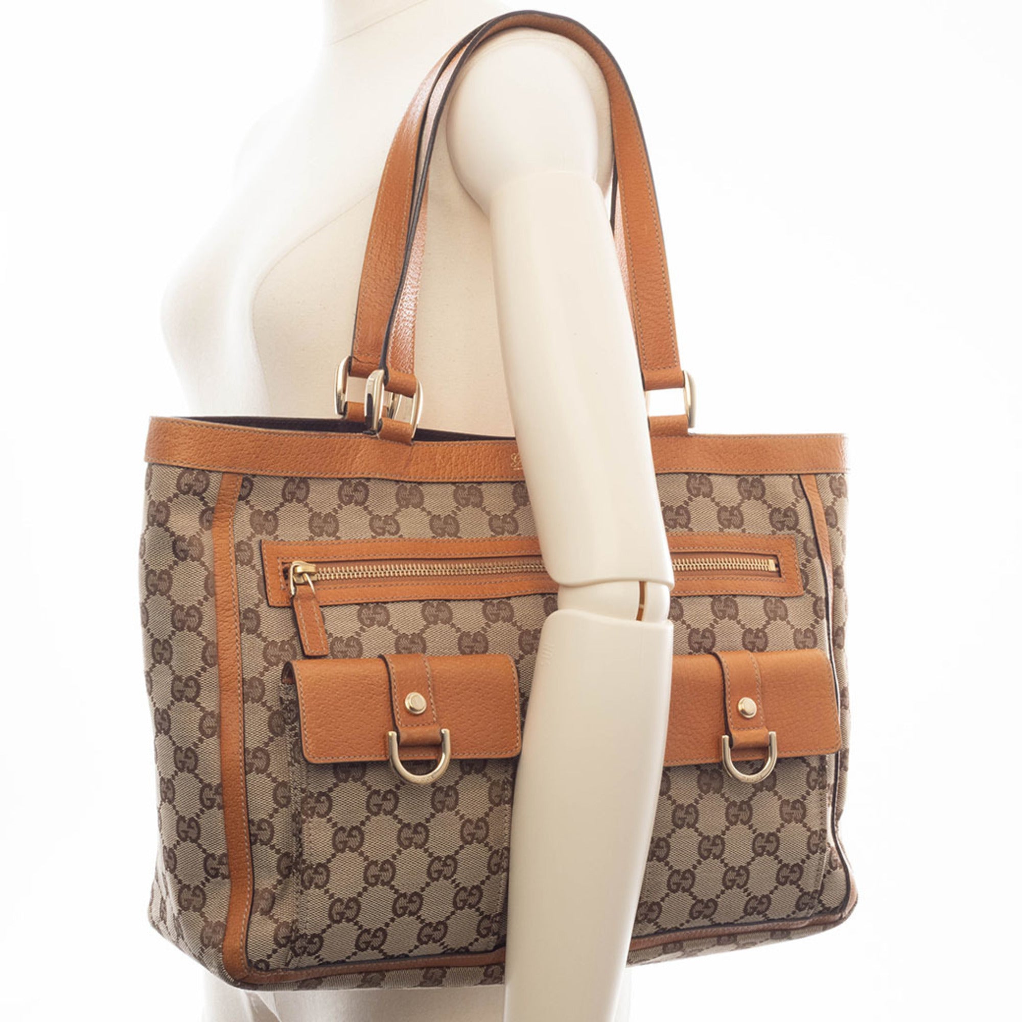 Gucci Abbey Beige Brown Gg Canvas Leather Tote Bag (Pre-Owned)