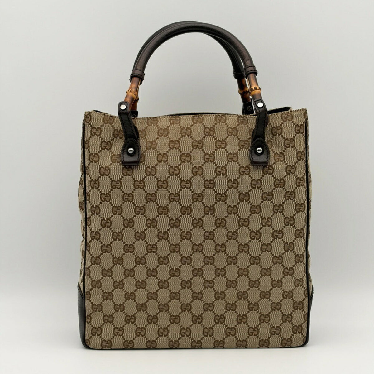 Gucci Beige Brown Bamboo Canvas Leather Tote Bag (Pre-Owned)