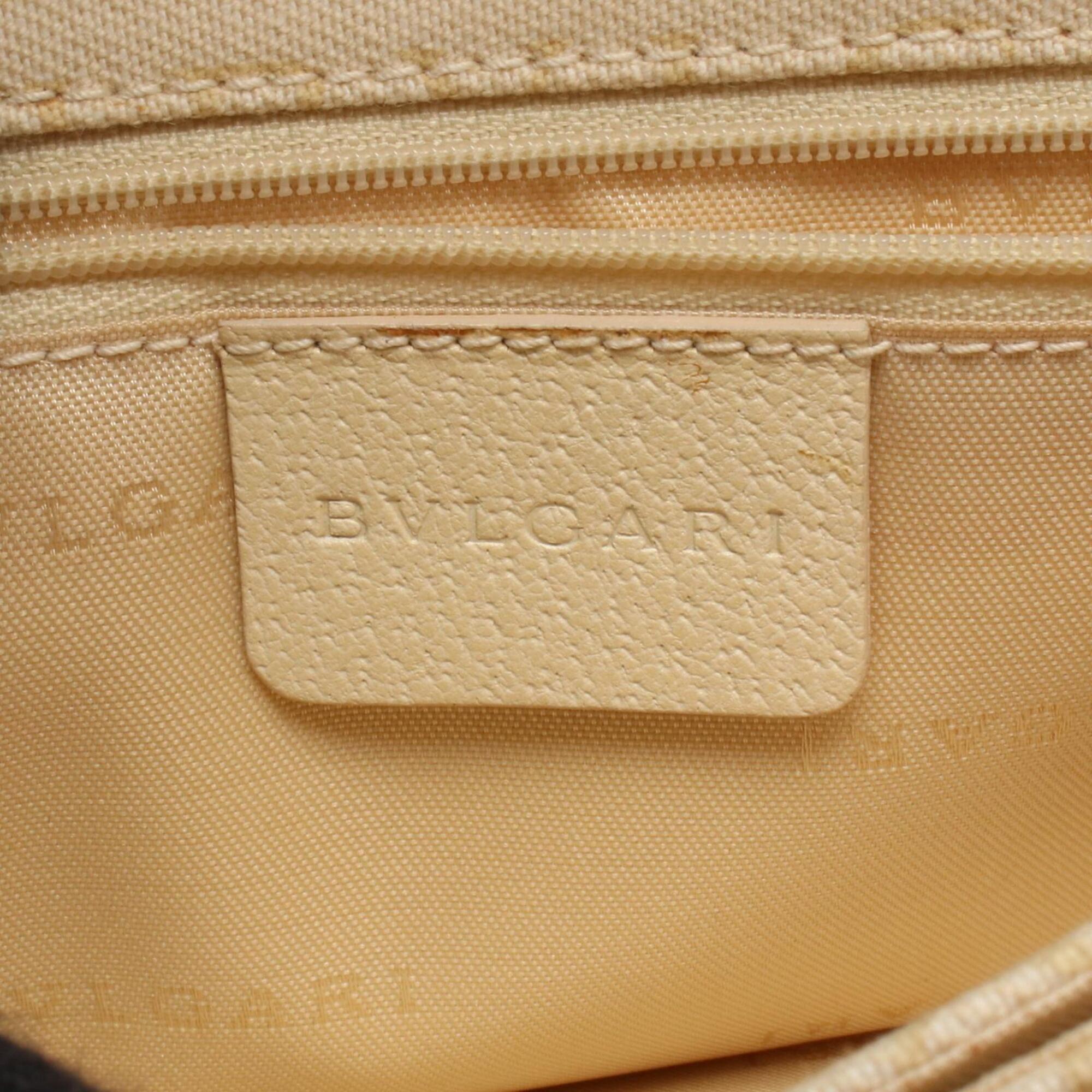 Bvlgari Logomania Beige Ivory Canvas Leather Handbag (Pre-Owned)