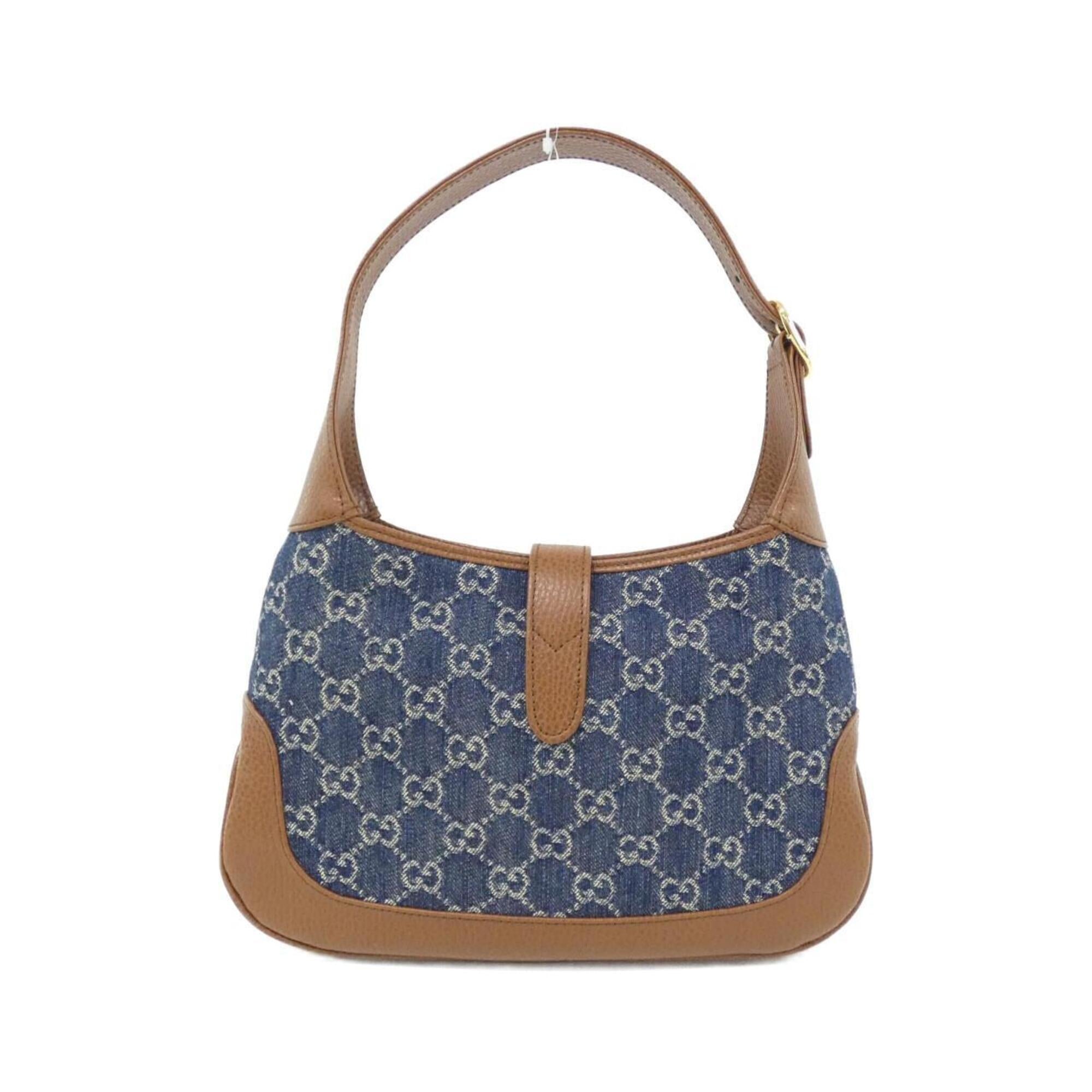 Gucci Brown Dark Blue Jacquard Denim Leather Shoulder Bag (Pre-Owned)