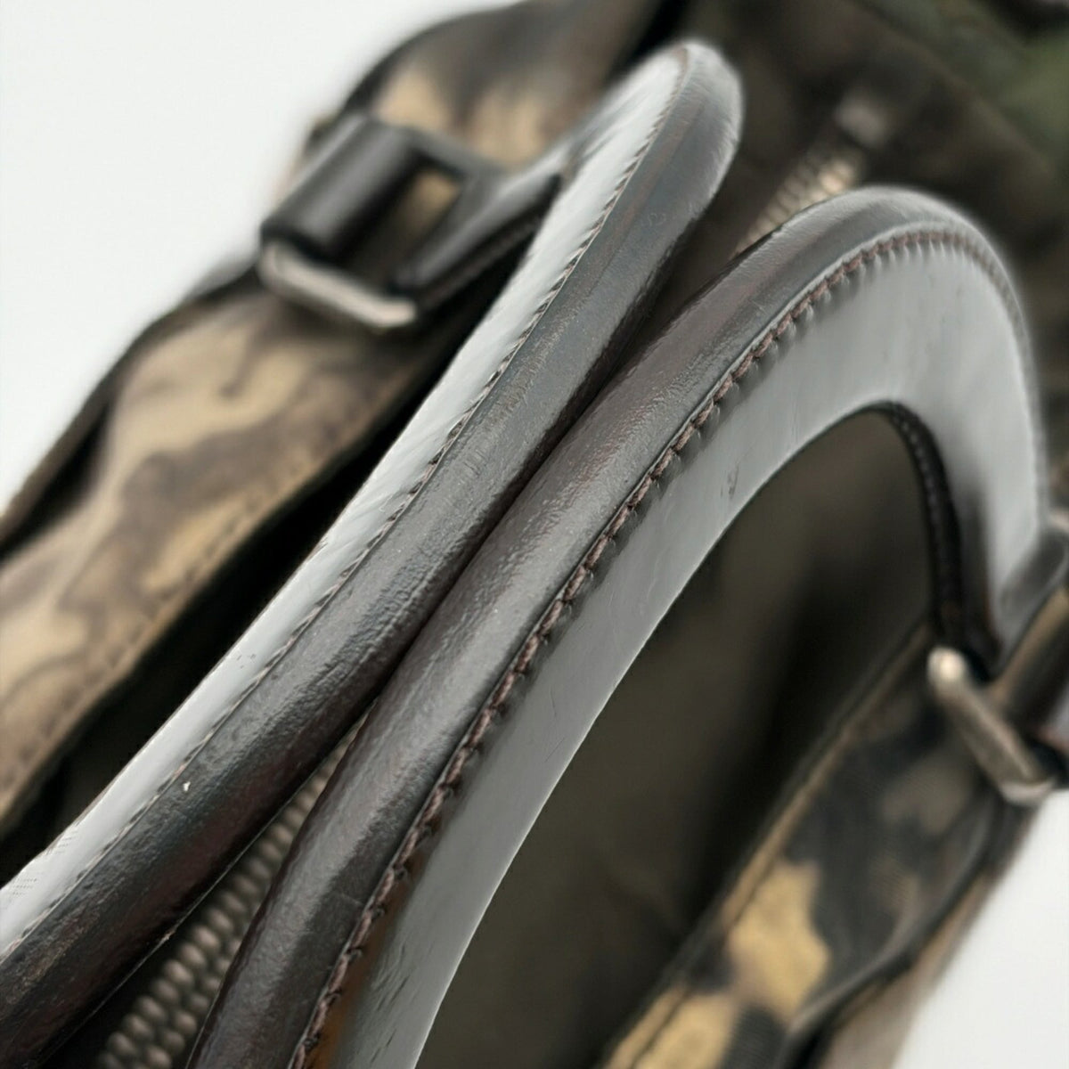 Prada Beige Black Brown Khaki Nylon Patent Leather Handbag Shoulder Bag (Pre-Owned)