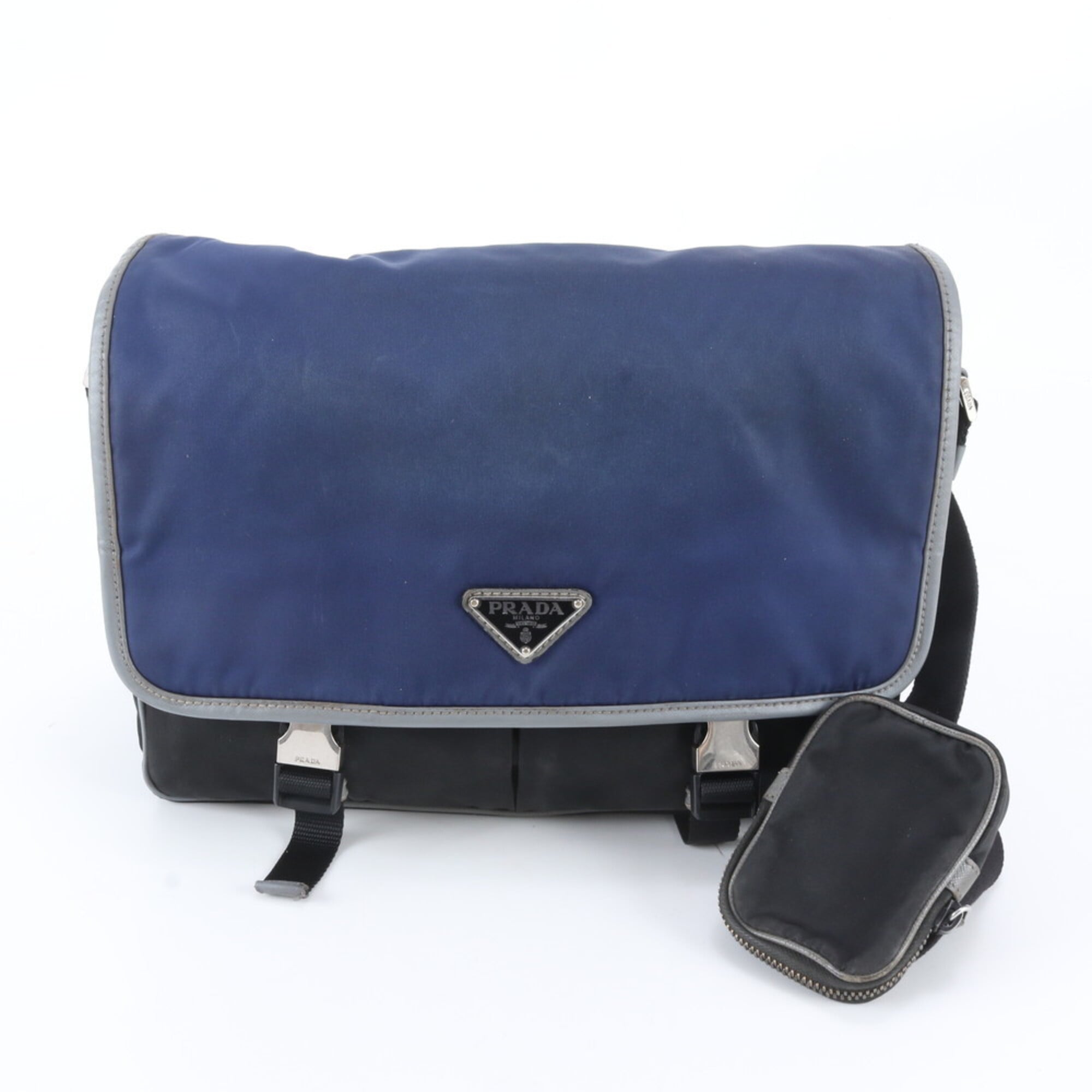 Prada Black Navy Nylon Leather Pouch Shoulder Bag (Pre-Owned)