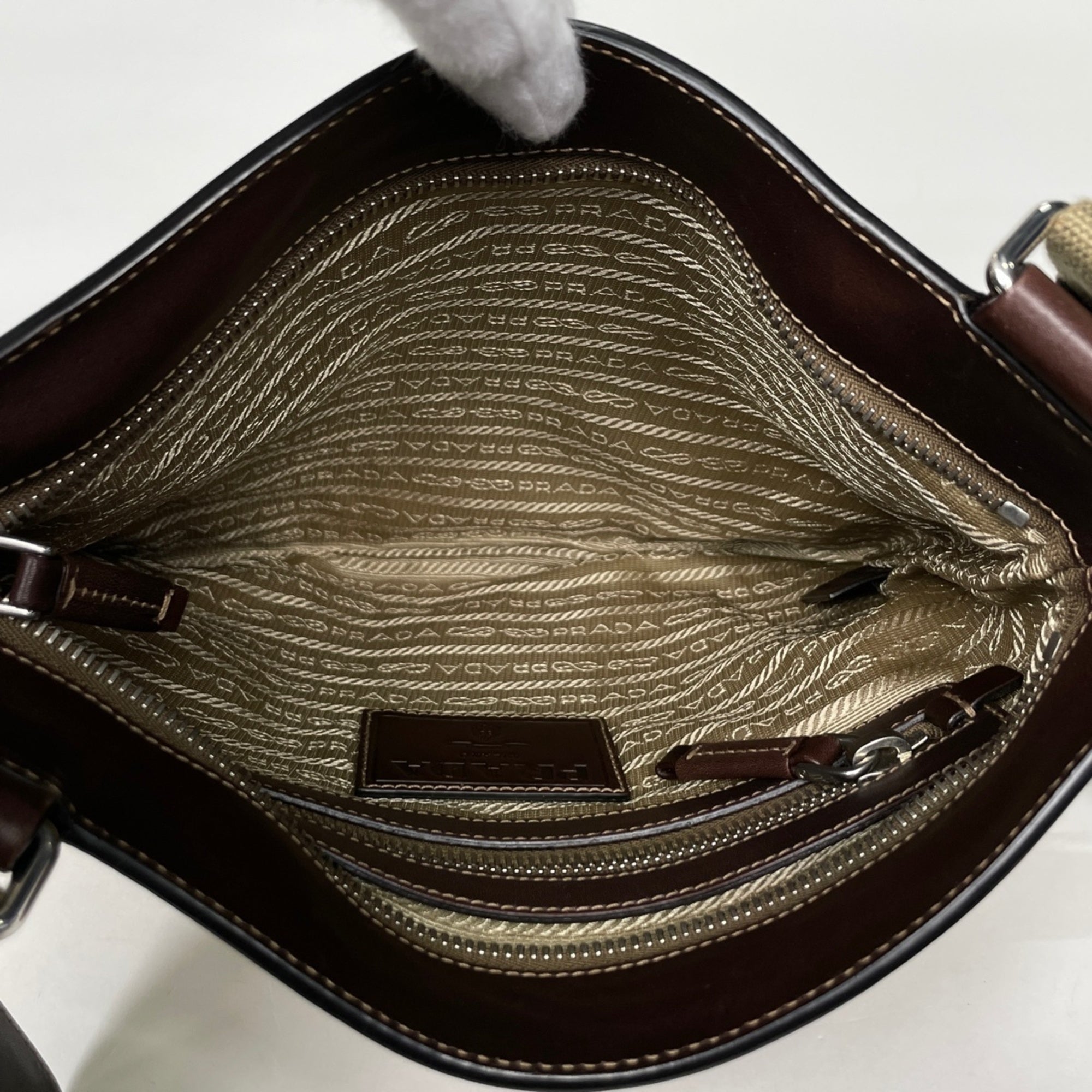 Prada Beige Brown Canvas Leather Shoulder Bag (Pre-Owned)