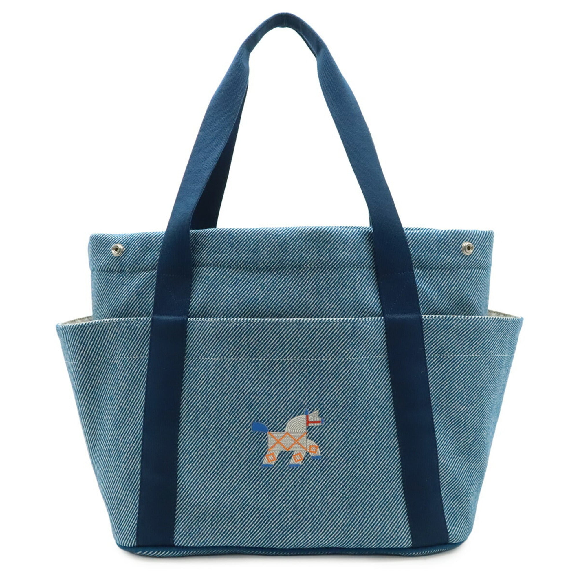 Hermes Blue Natural Wool Cotton Shoulder Bag Tote Bag (Pre-Owned)