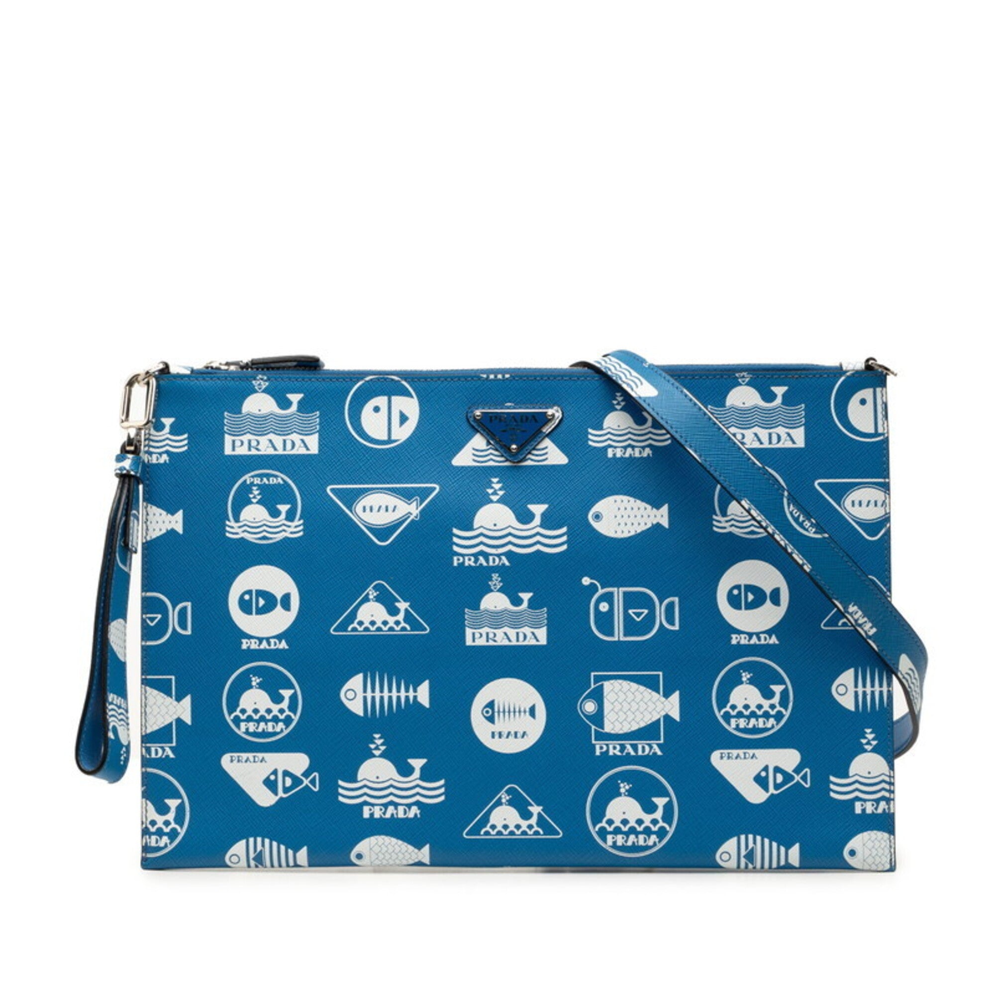 Prada Blue White Saffiano Triangle Leather Clutch Bag Shoulder Bag (Pre-Owned)