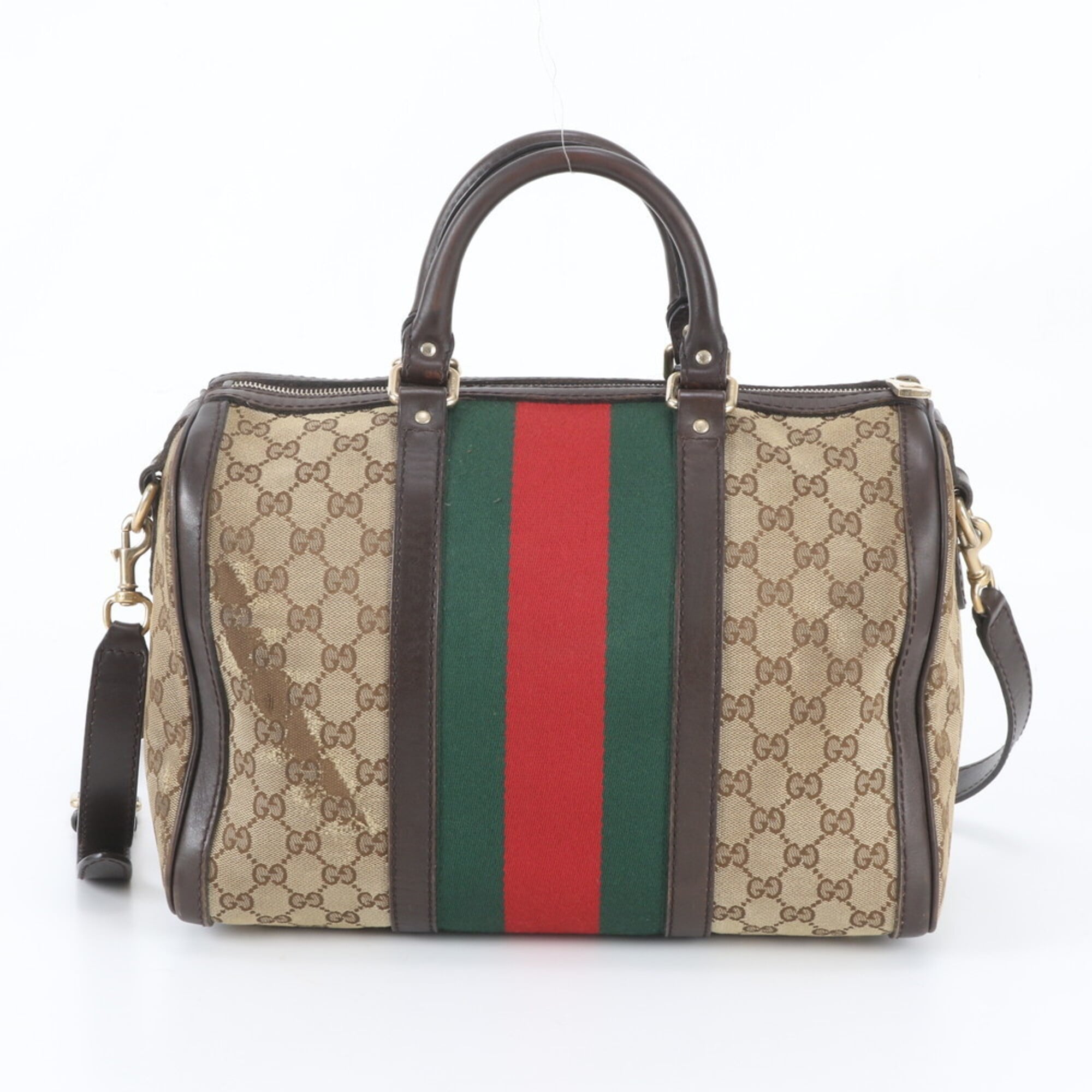 Gucci Brown Leather Canvas Boston Bag Handbag Shoulder Bag (Pre-Owned)