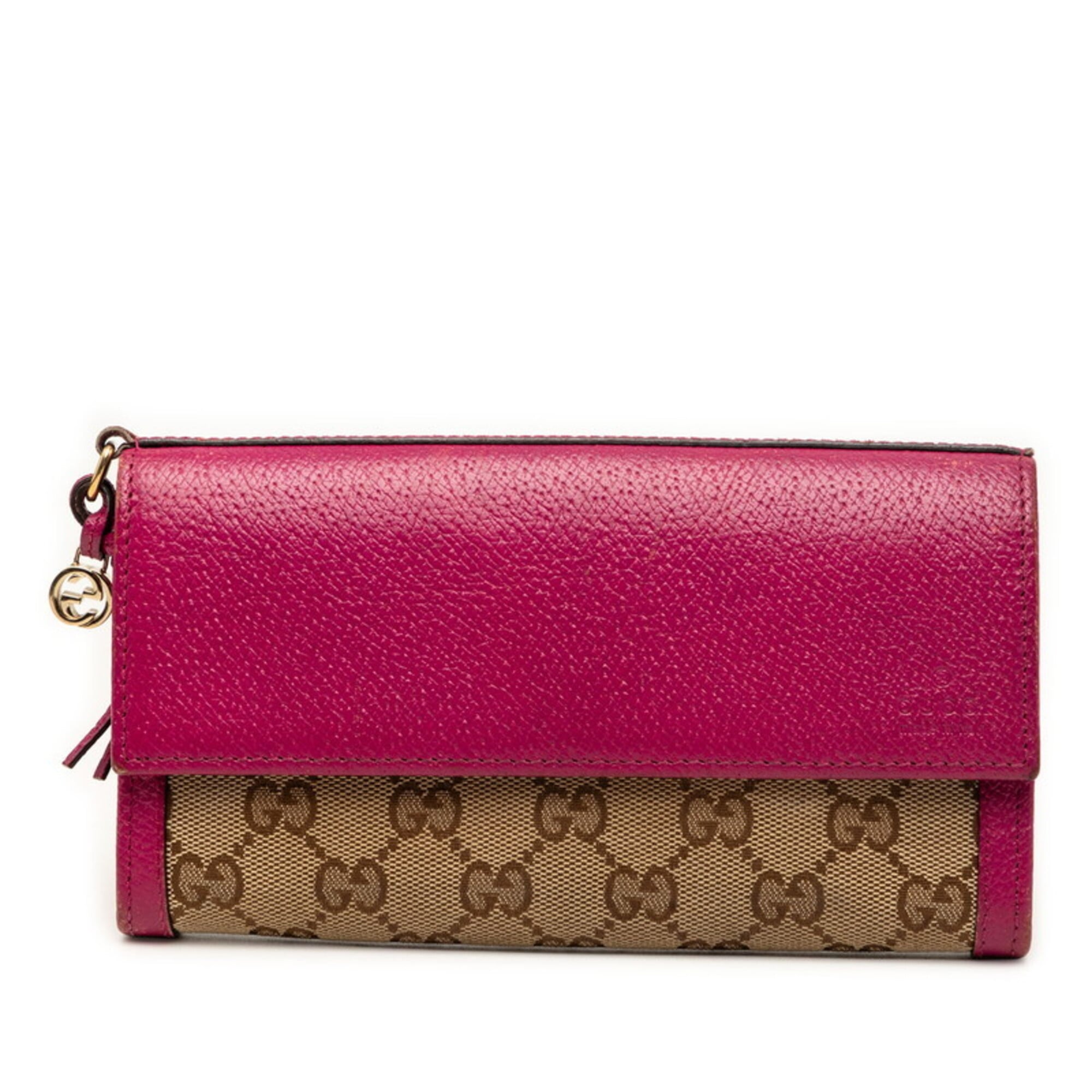 Gucci Beige Pink Canvas Leather Long Wallet (Bi-Fold) (Pre-Owned)