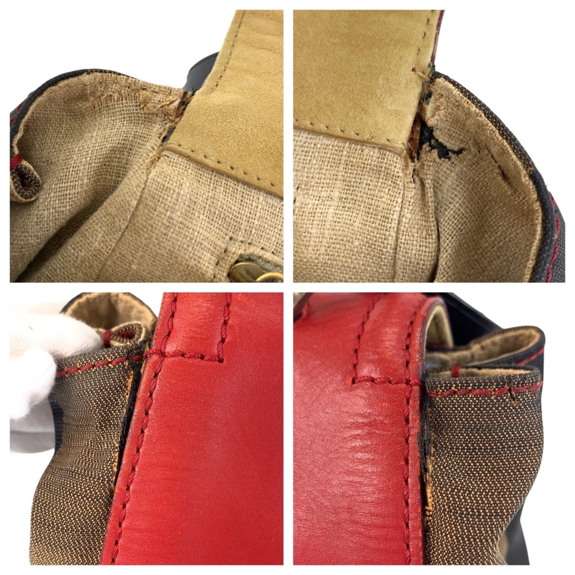 Fendi Brown Red Color Leather Canvas Handbag Shoulder Bag (Pre-Owned)